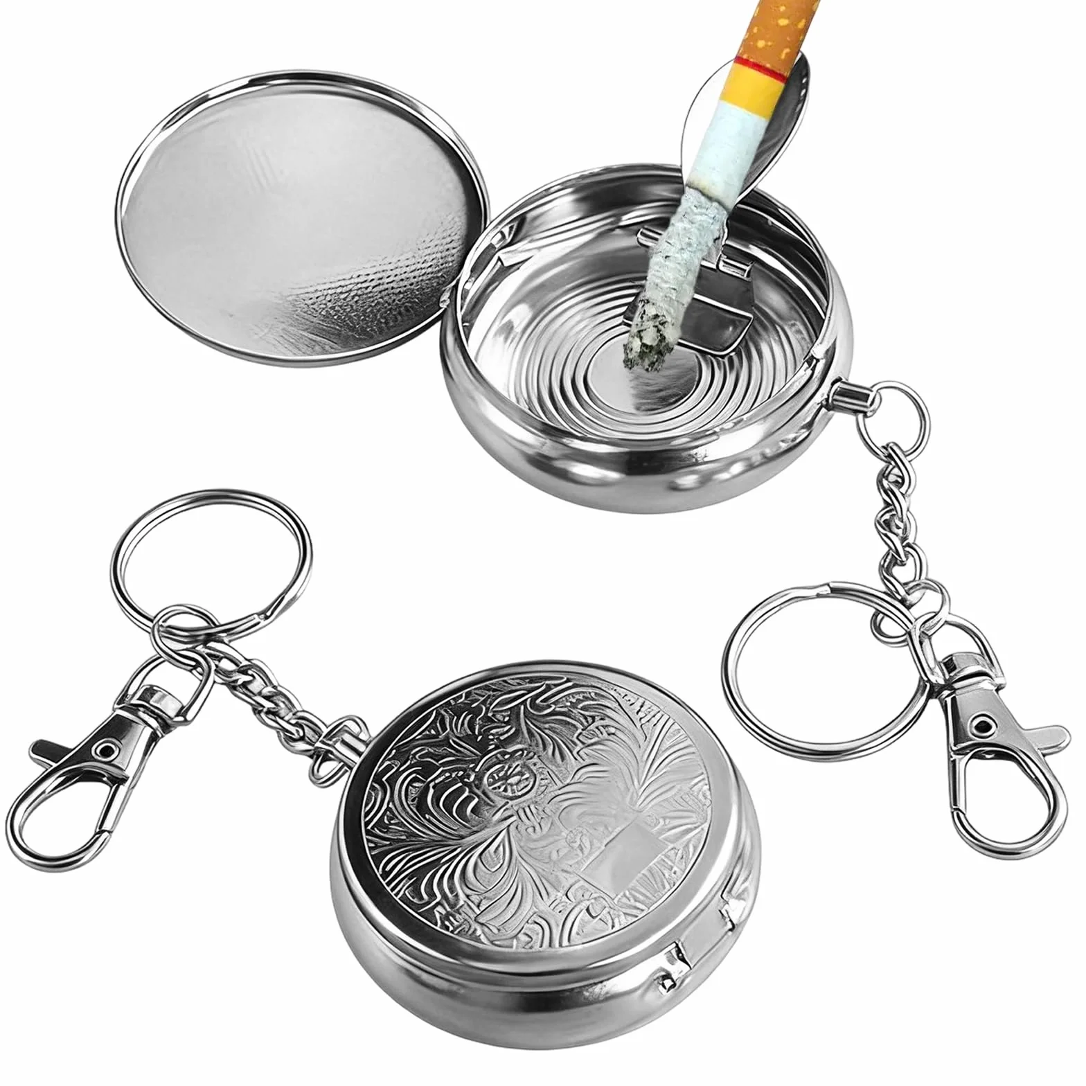 Cendrier de Poche Portable Anti Odeur en Acier Inoxydable avec Couvercle et Porte-Clés 2 Pièces