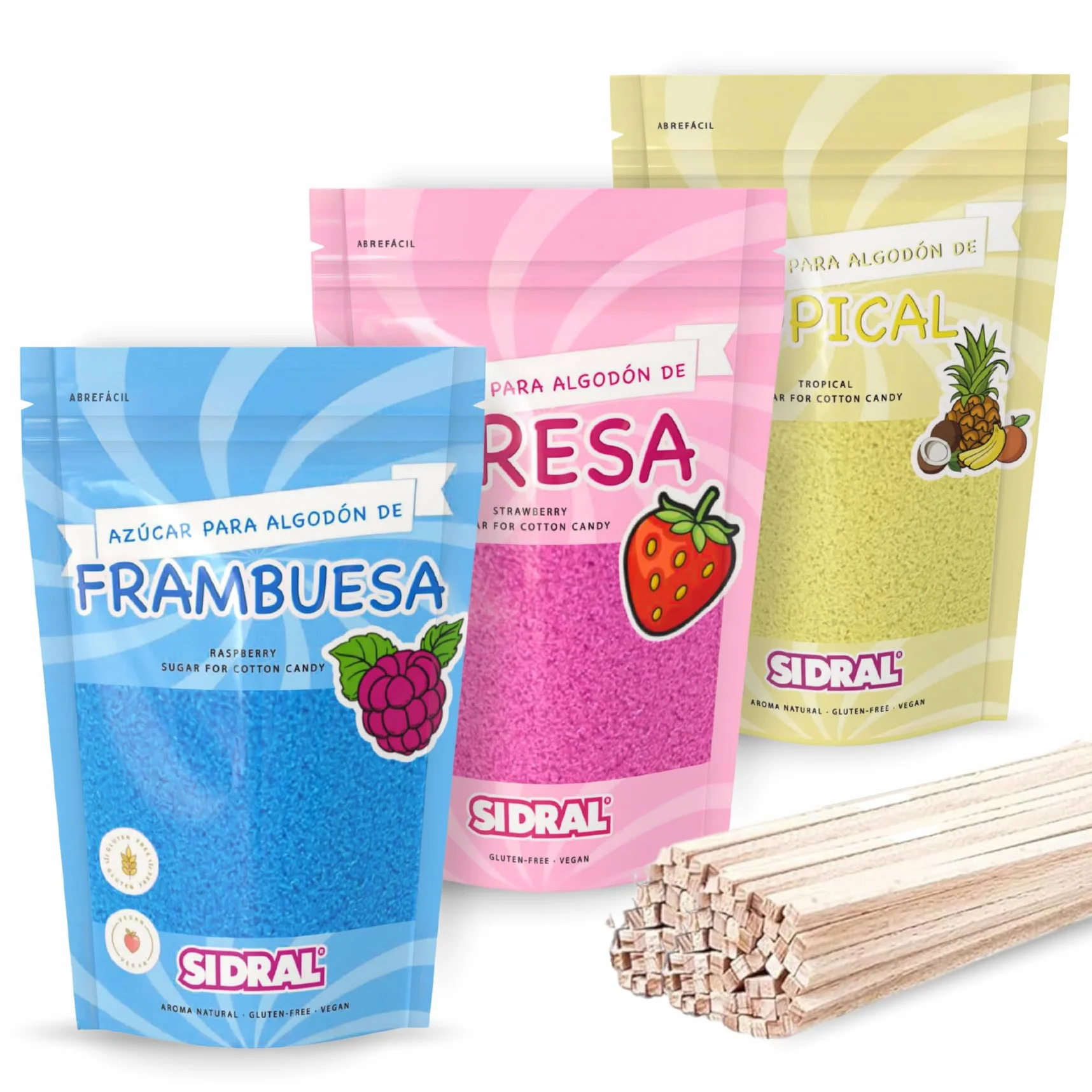 SIDRAL - Sucre Barbe à Papa pour machine - Arômes et Colorants Naturels - Lot de 3 x 250GR (Fraise - Framboise - Tropicale) poudre barbapapa + 50 Bâtonnets recyclables pour dégustation