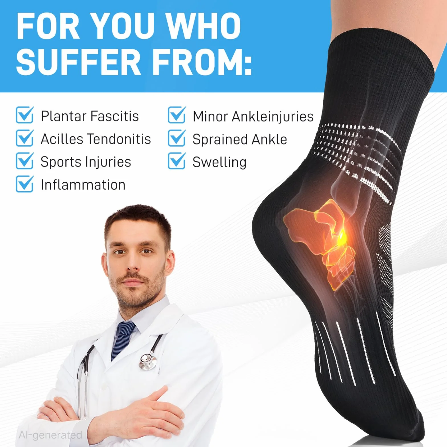 Chaussettes de Contention Homme Femme Running Support Cheville Compression Course Randonnée Fasciite Plantaire