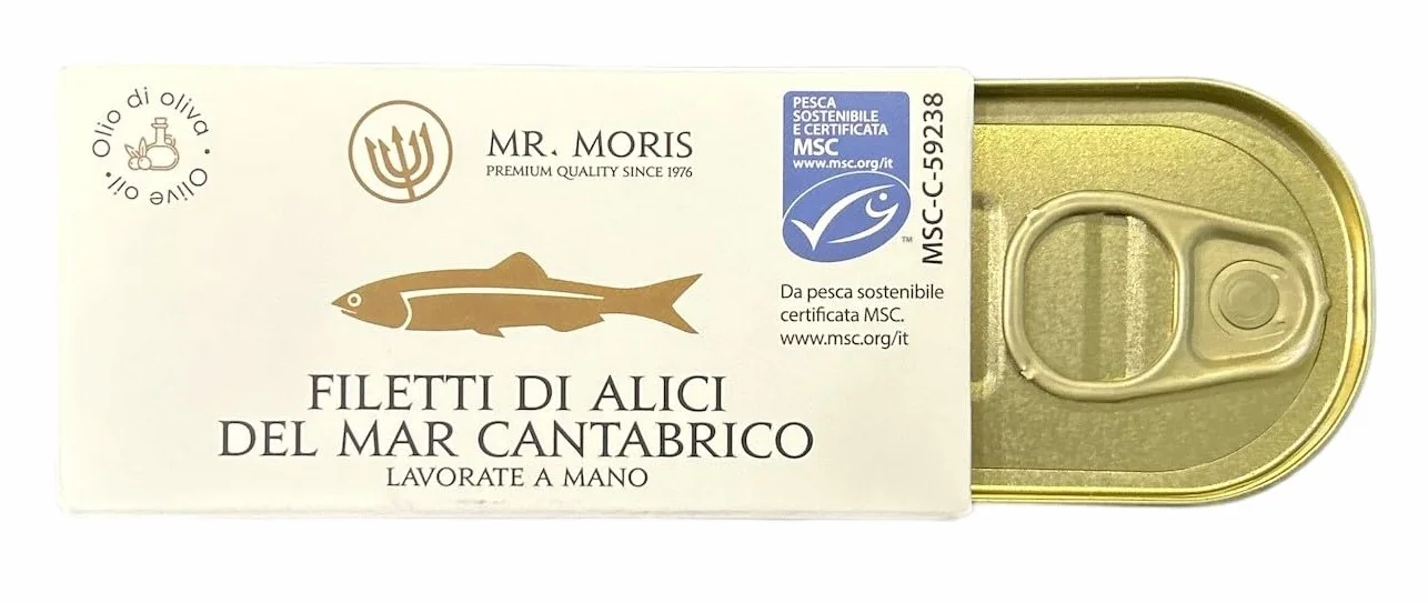 Mr. Moris® | Filets d'anchois de la mer Cantabrique à l'huile d'olive | Fait à la main | Kosher | Certifié MSC issu de la pêche durable | Au cas où | 1 Paquet 50g