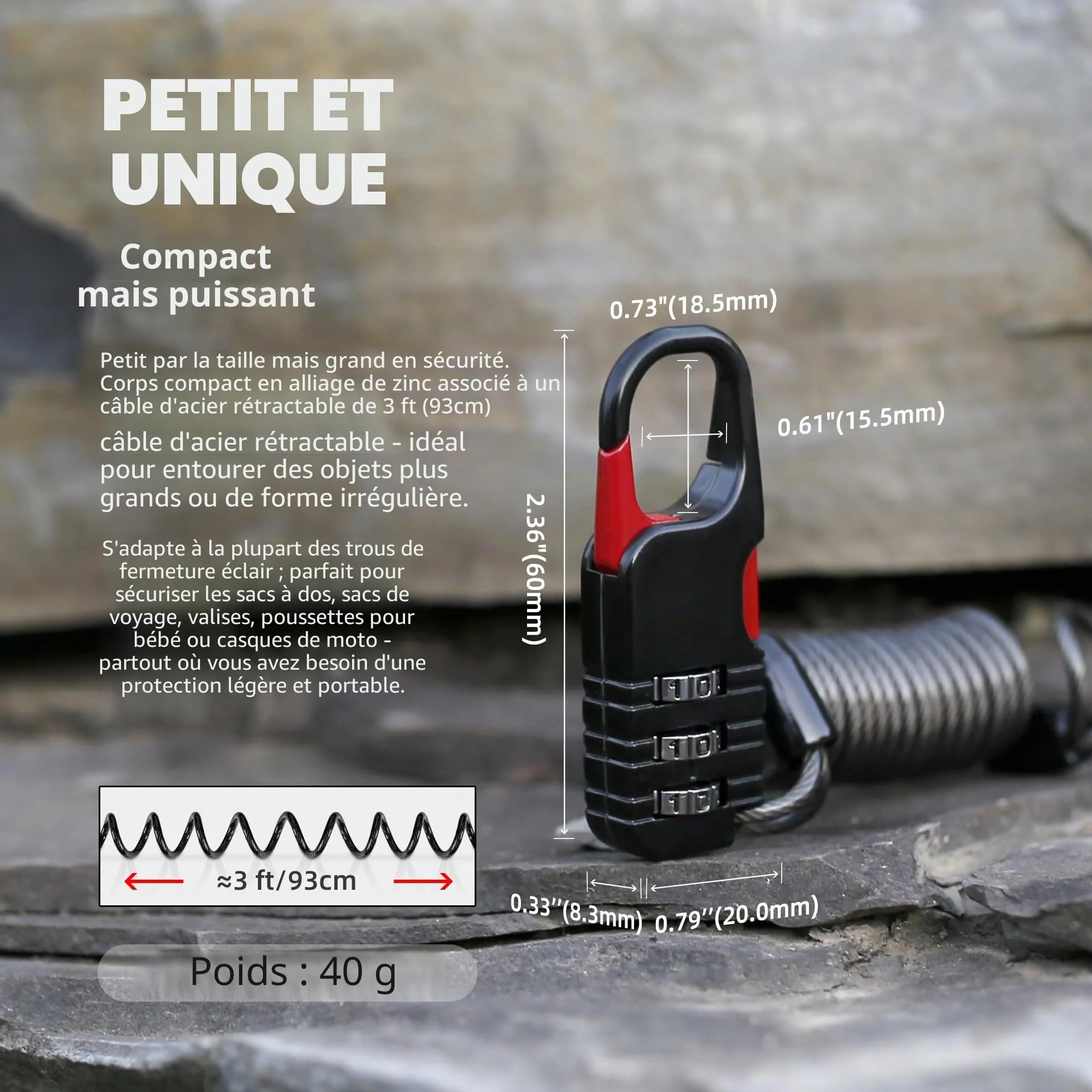 Cadenas à combinaison avec câble rétractable 91 cm antivol bagages voyage
