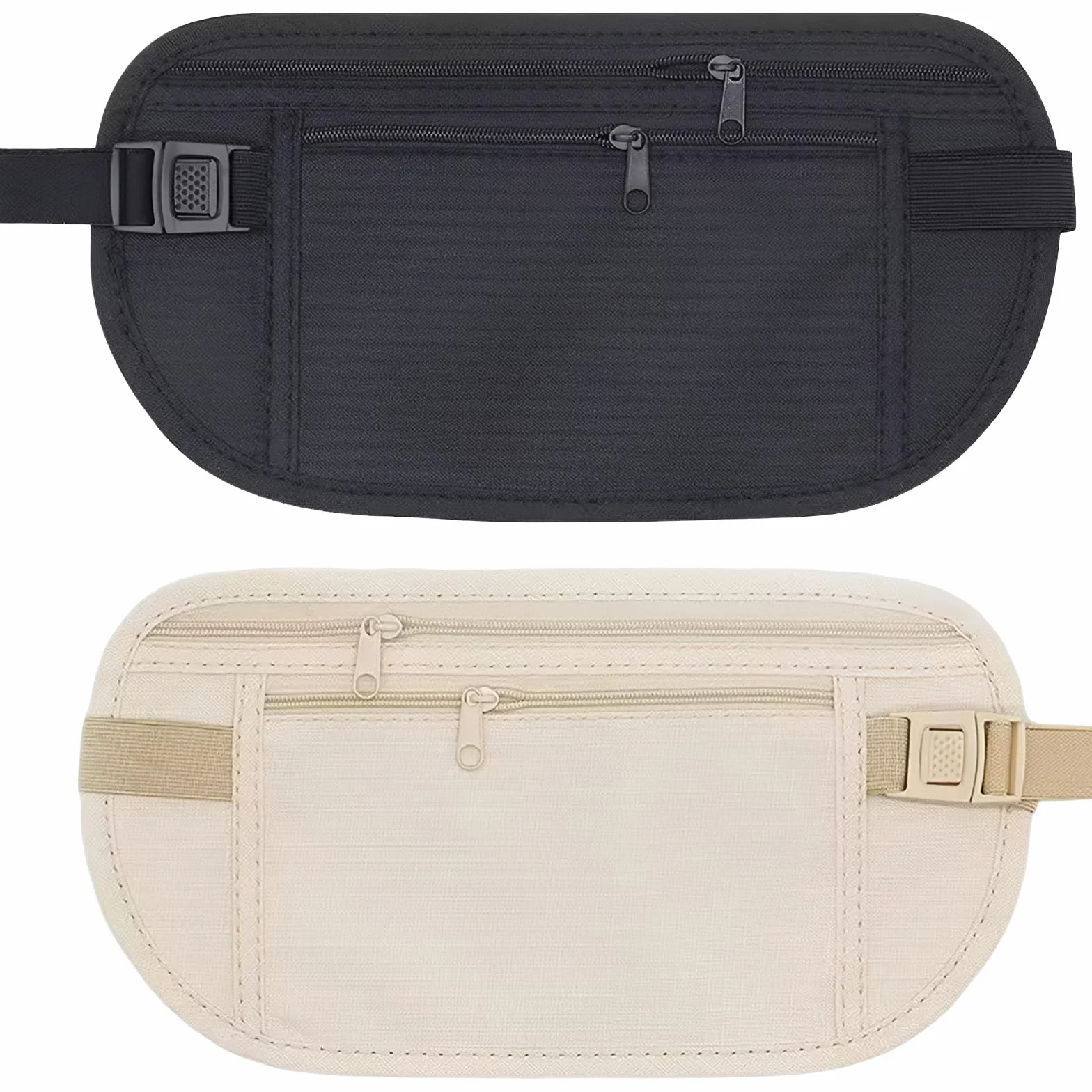 Ceinture Cache-Billets Lot de 2 avec Blocage RFID, Pochette de Voyage Secrète Antivol pour Passeport et Argent, Noir & Kaki