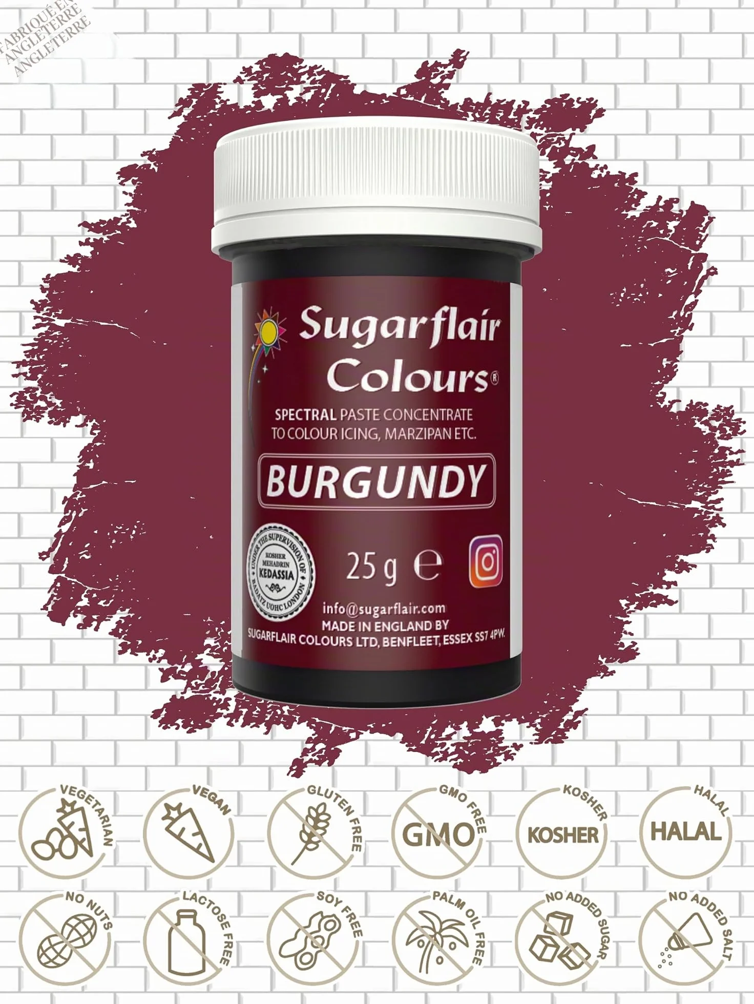 Sugarflair Colours Spectral Concentrated Paste Colours Burgundy - Bourgogne - Colorant Alimentaire Pâte, Nourriture Dye pour Fondant et Massepain - 25g