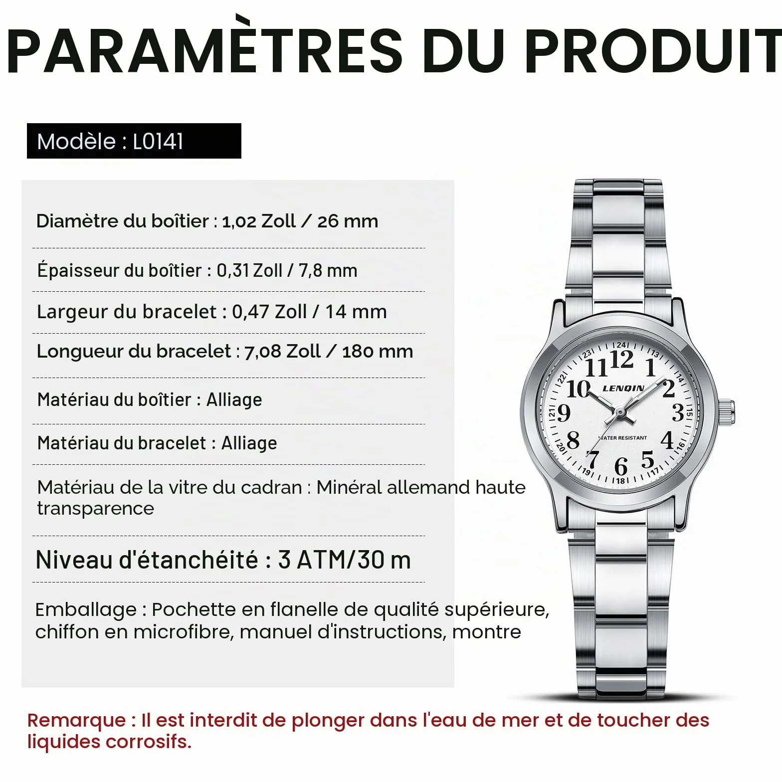 LN LENQIN Montre Femme Acier Inoxydable Quartz Étanche 30M Aiguilles Lumineuses