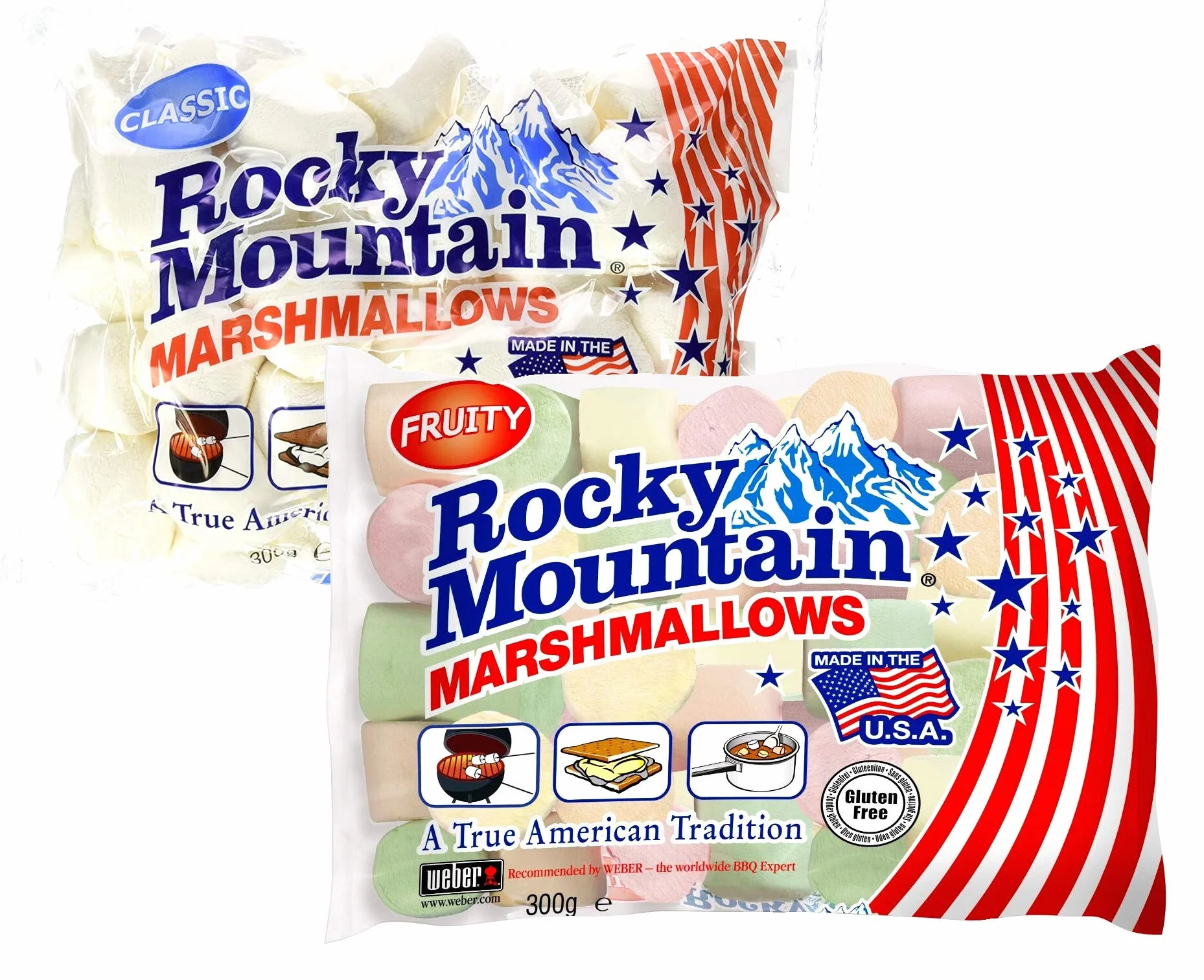 Rocky Mountain Marshmallows Tasting Set Fruity & Classic, bonbons américains traditionnels colorés à rôtir sur un feu de camp, à griller ou à cuire, saveur fruitée, (2x300g)