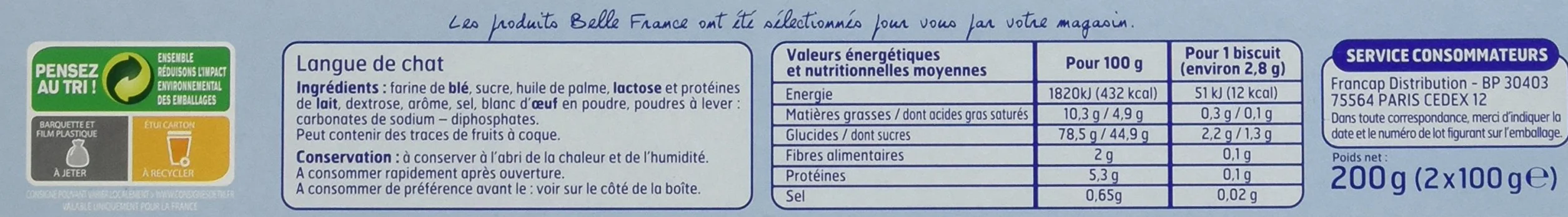 Belle France Langues de Chat 12 Paquet 200 g - Lot de 6