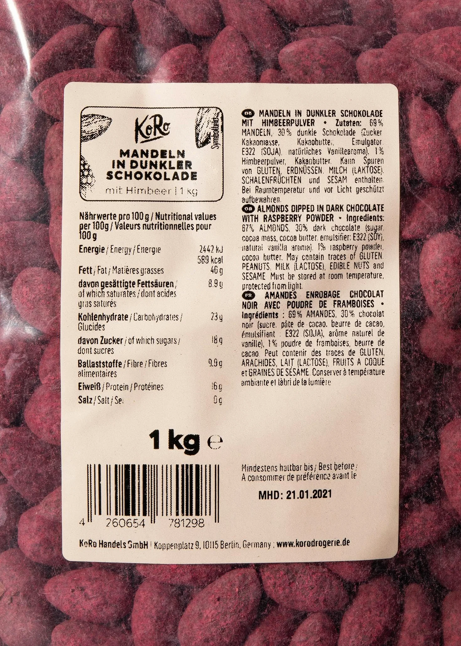 KoRo - Amandes au chocolat poudre de framboises lyophilisées 1 kg - Une tentation chocolatée