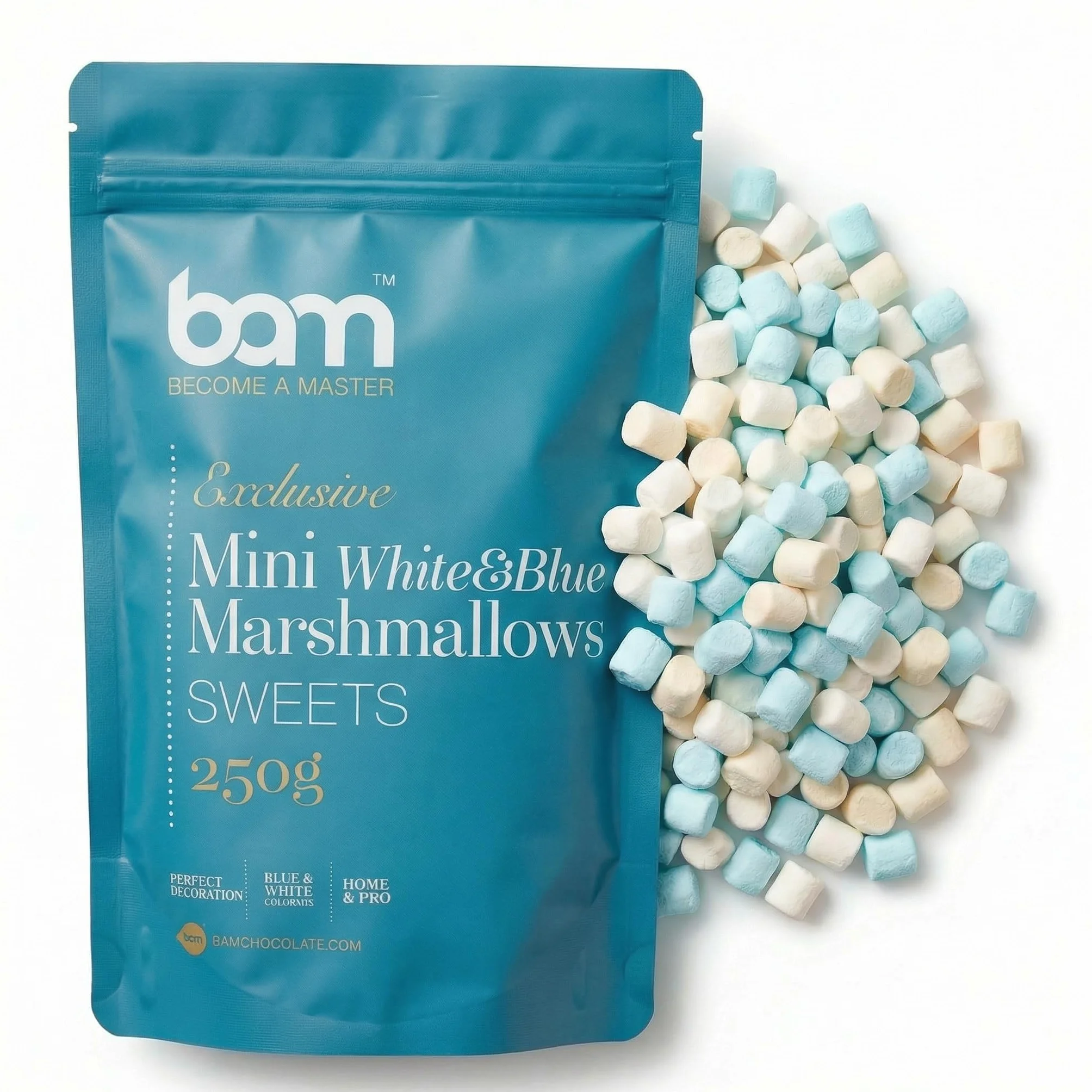 BAM Mini Marshmallow – Guimauves Sucrées Pour Chocolat Chaud, Desserte et Décoration, Blancs et Bleus, 250g
