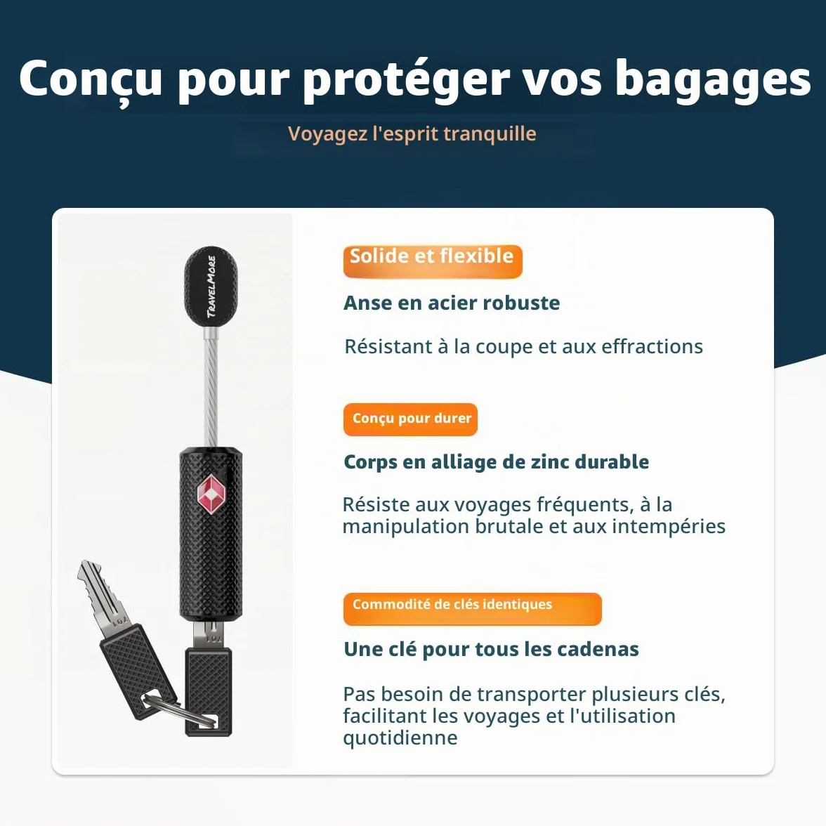 Lot de 4 Cadenas TSA à Clé pour Valise Antivol Bagages Voyage Noir