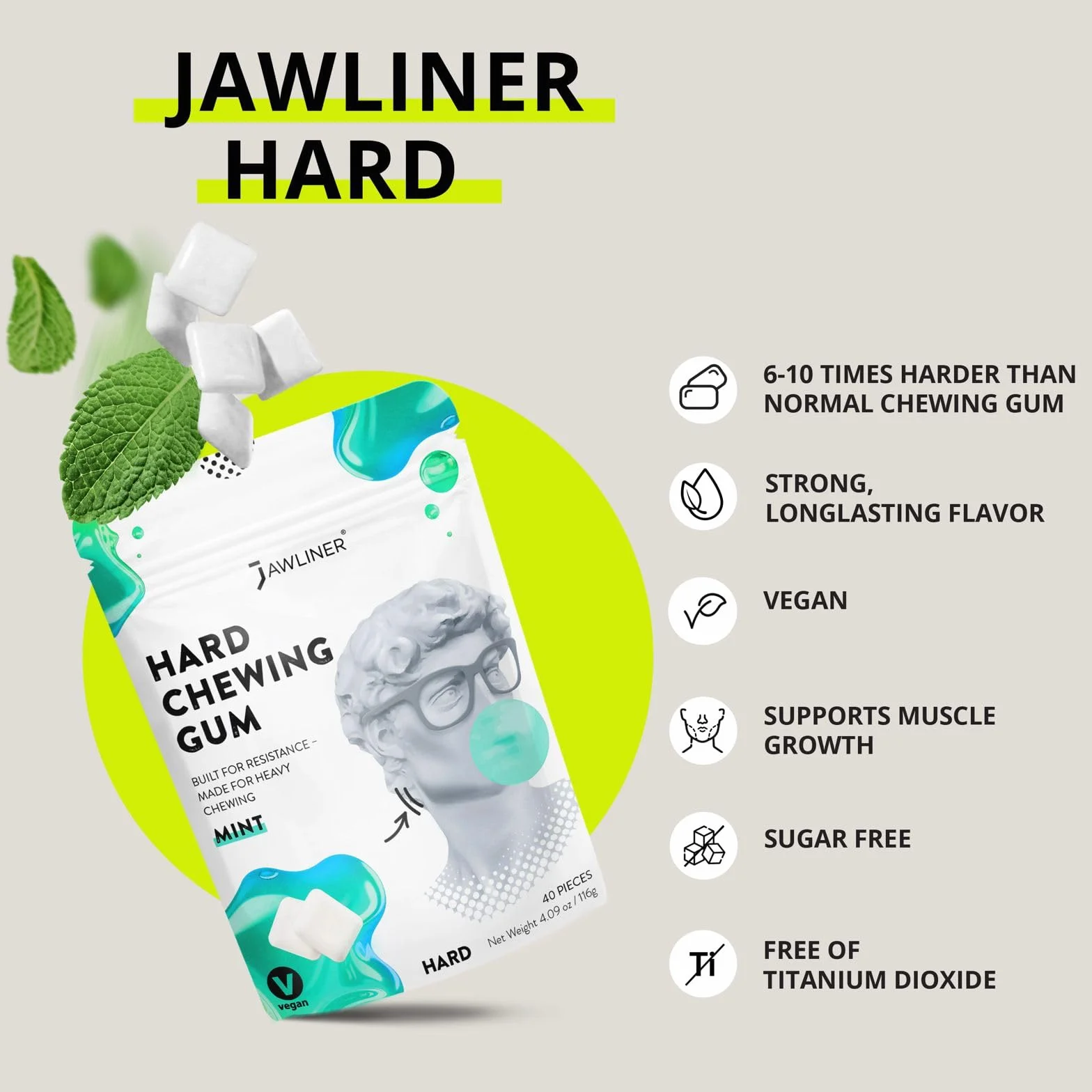 Jawliner® Chewing-gum à mâcher pour sculpter la mâchoire, renforcer les muscles, entraînement facial, mewing - Menthe - 40 pièces