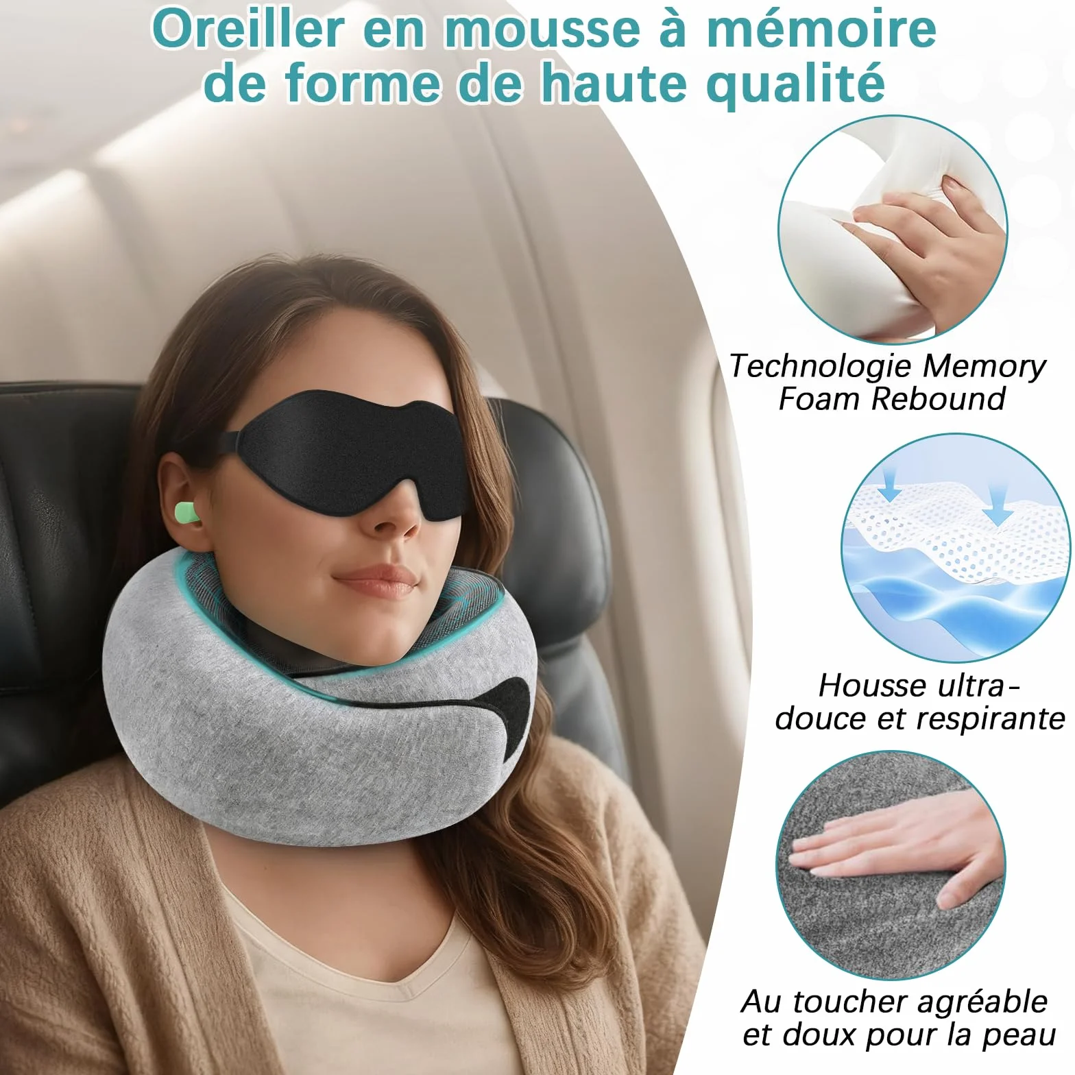 Coussin Cervical Ergonomique Oreiller de Voyage en Mousse à Mémoire Housse Amovible Lavable Avec Masque Bouchons d'oreilles