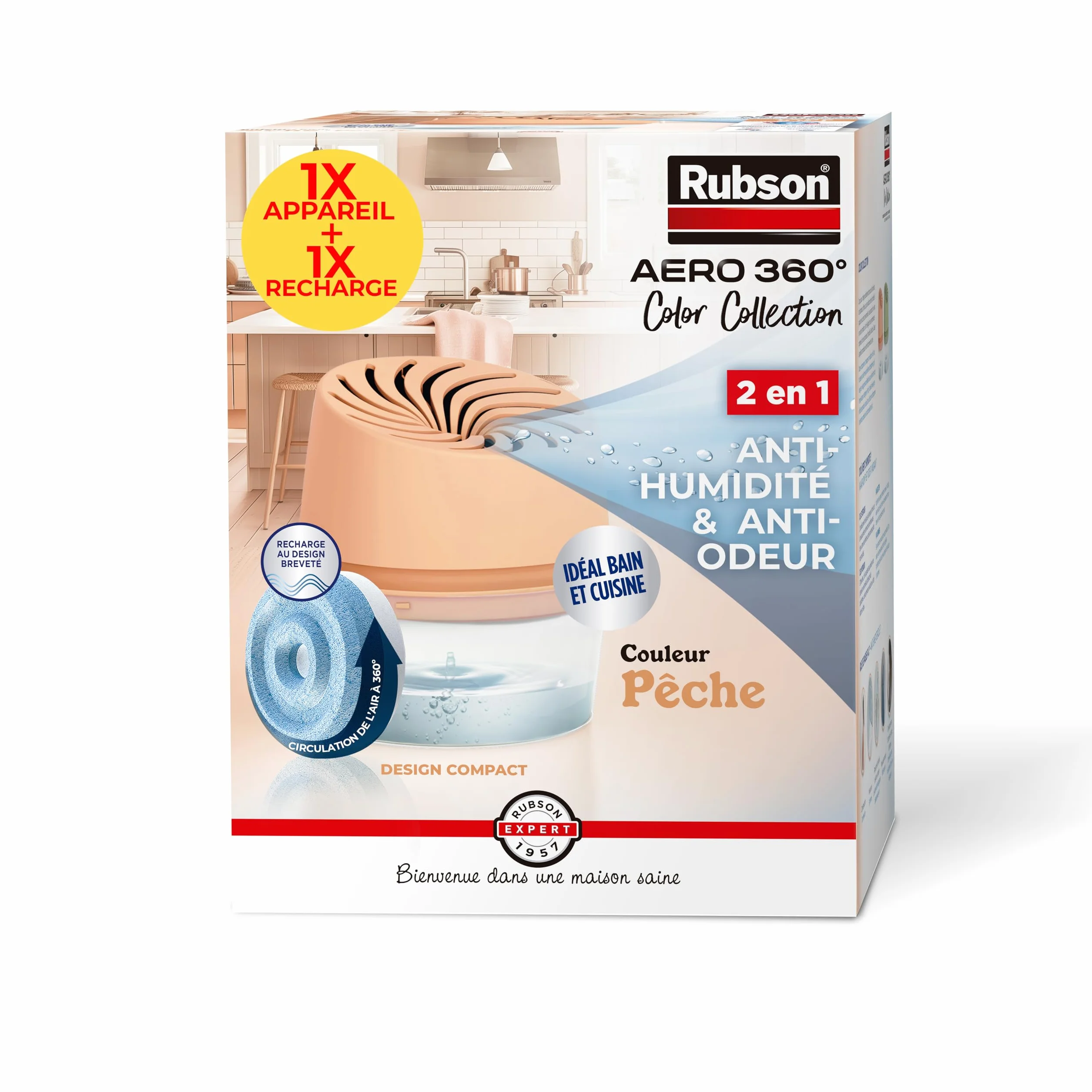Rubson - Absorbeur d'Humidité Aero 360° Couleur Pêche (1 appareil + 1 recharge de 450 g) - Absorbeur anti-humidité pour pièce jusqu'à 20 m² - Déshumidificateur d'air anti-odeur et anti-moisissure