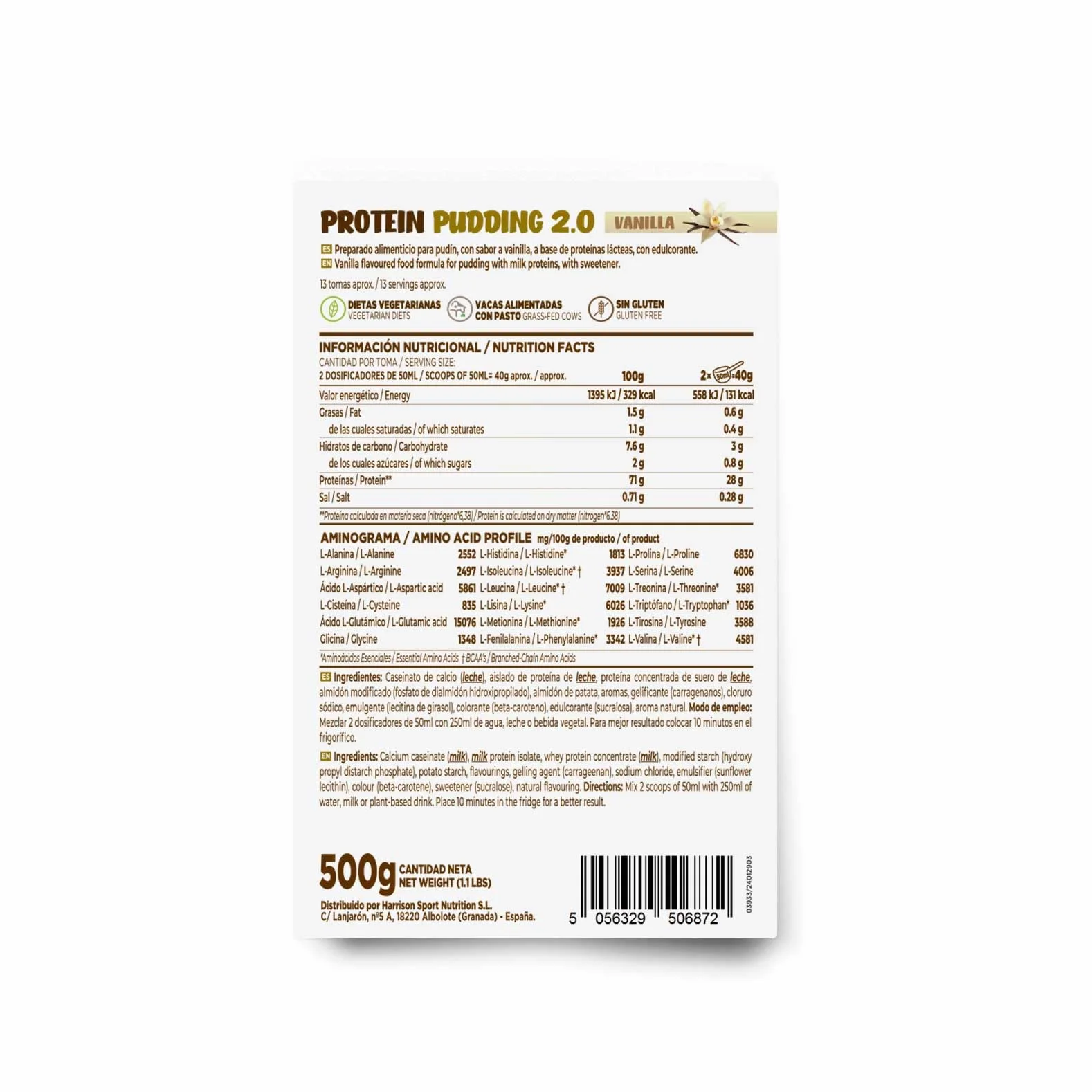HSN Pudding protéiné 2.0 | Vanille 500 g = 13 prises par paquet | Pudding riche en protéines sans gluten et végétalien | Idéal dessert ou collation faible en calories sans sucre ajouté