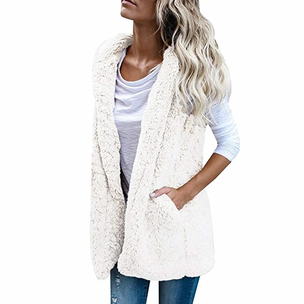 Gilet long sans manches en polaire chaude pour femme capuche surdimensionné avec poches