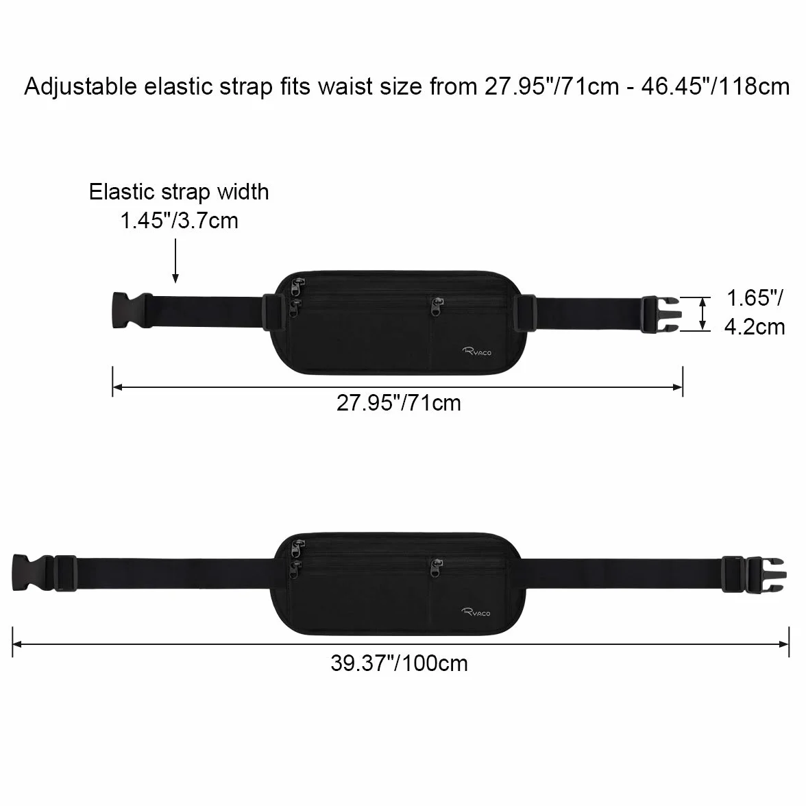 RYACO Ceinture d'argent Voyages Pochette sécurité cachée Cartes passeports RFID Noir