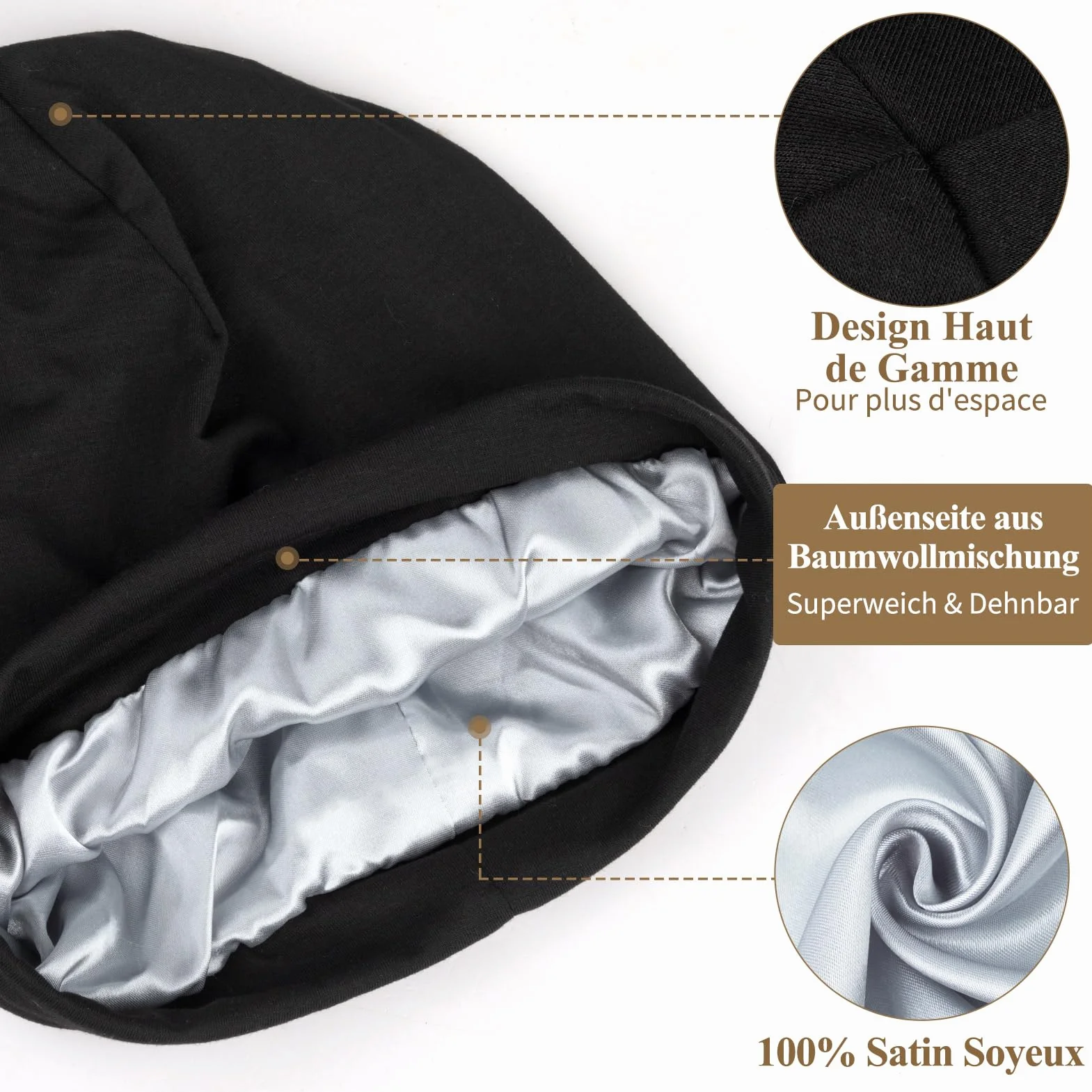 Bonnet Satin Cheveux Nuit Unisexe Slouchy Beanie Doublure Satin Dormir Soin Capillaire Soie Tricoté Doublé Soie