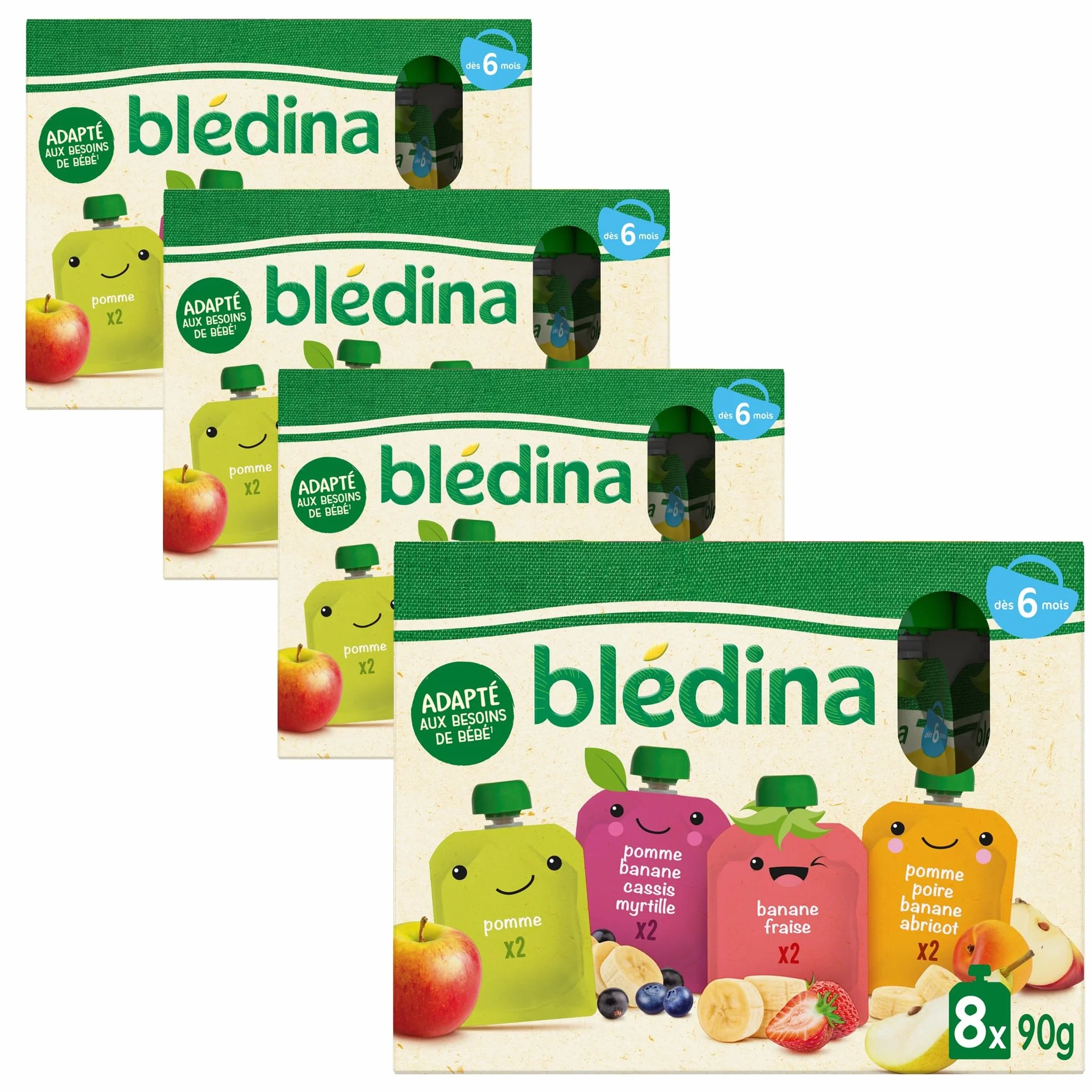 BLÉDINA - Gourdes de Purées de Fruits Bébé - Pomme, Poire, Banane, Abricot, Fraise, Cassis, Myrtille - dès 6 Mois - 32 x 90 g