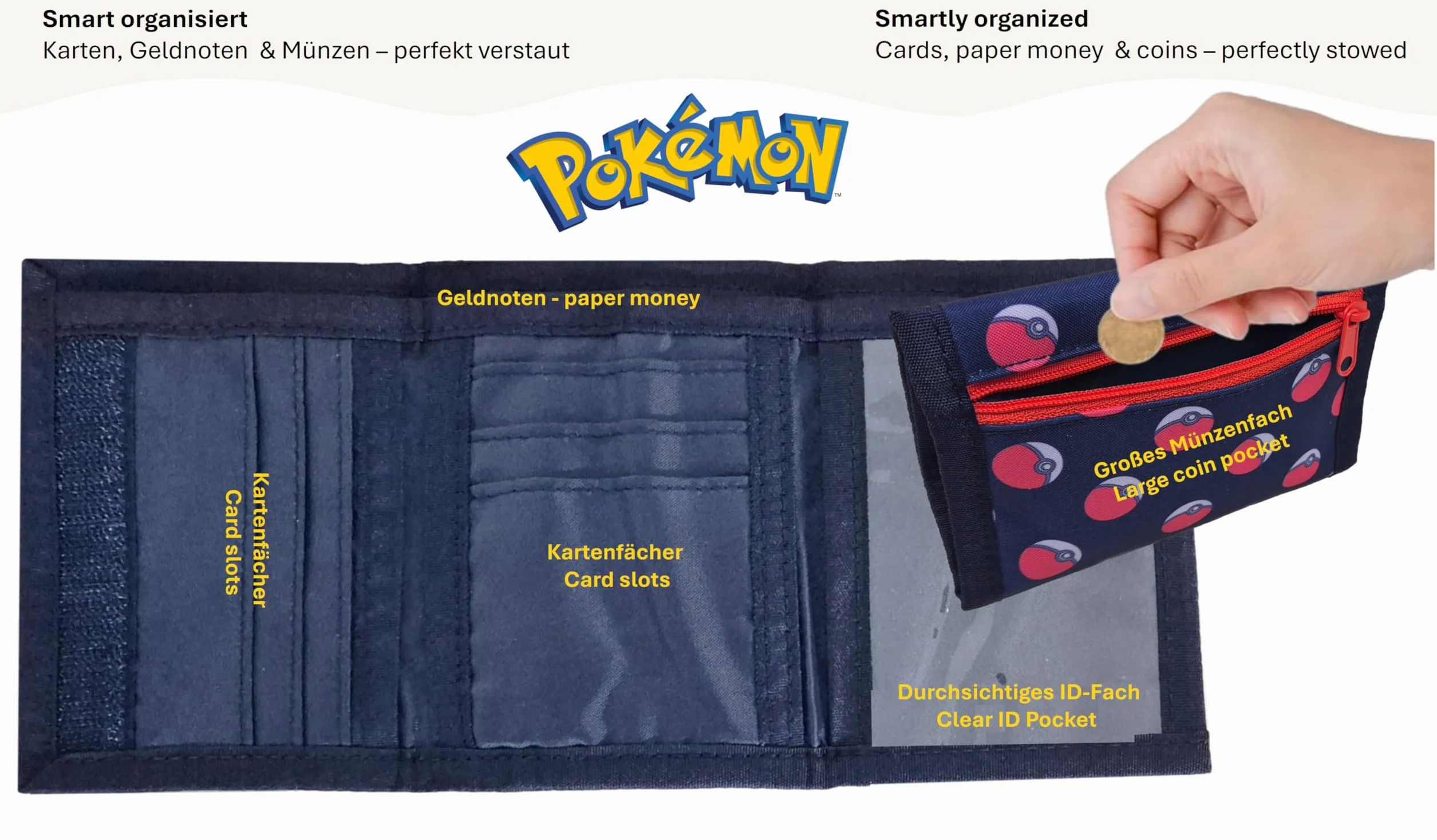 Theonoi Pokémon Portefeuille enfant Pikachu Pokéball officiel compartiment monnaie fermeture
