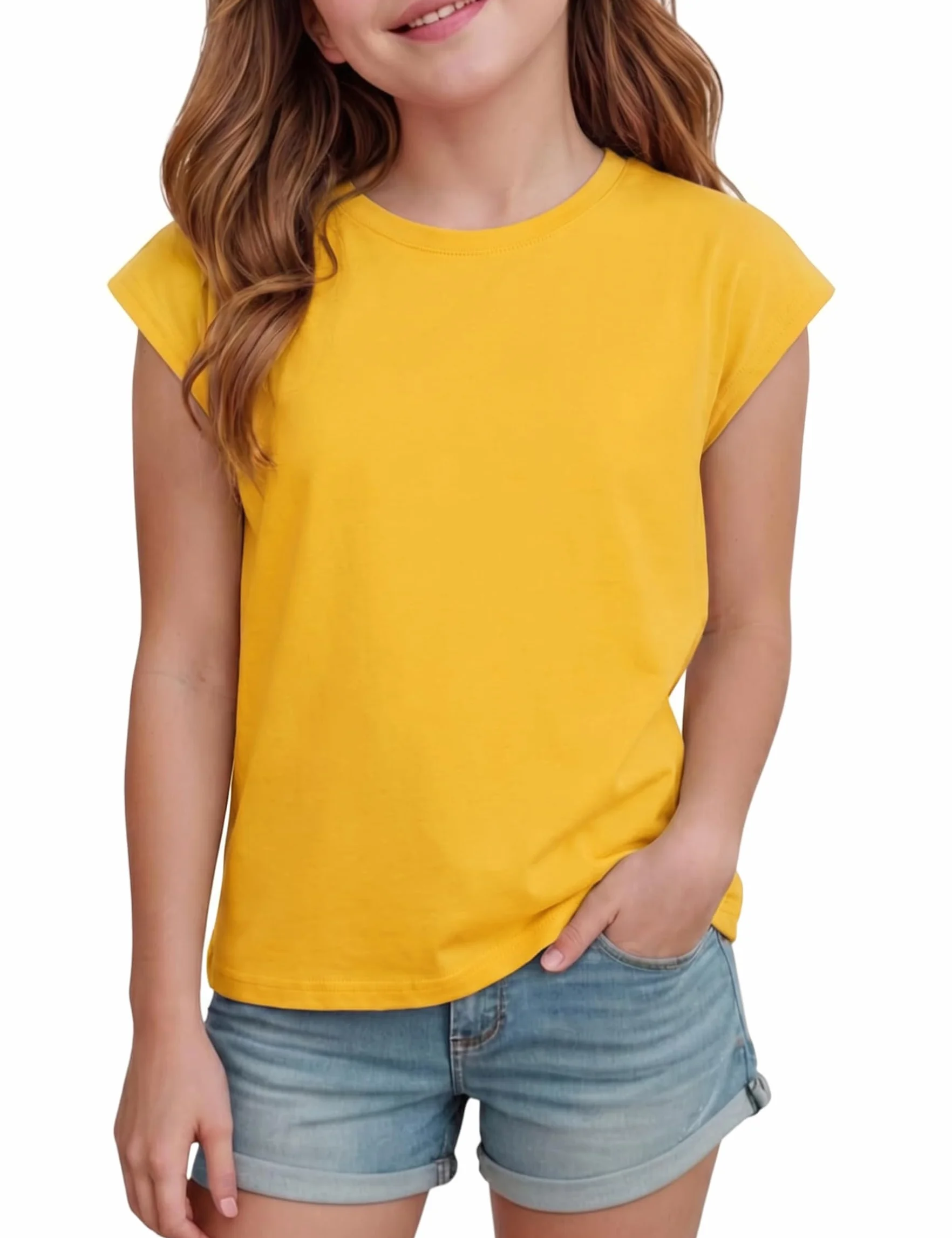 T-Shirt Fille Manches Courtes Enfant Léger Respirant 9-10 Ans Jaune