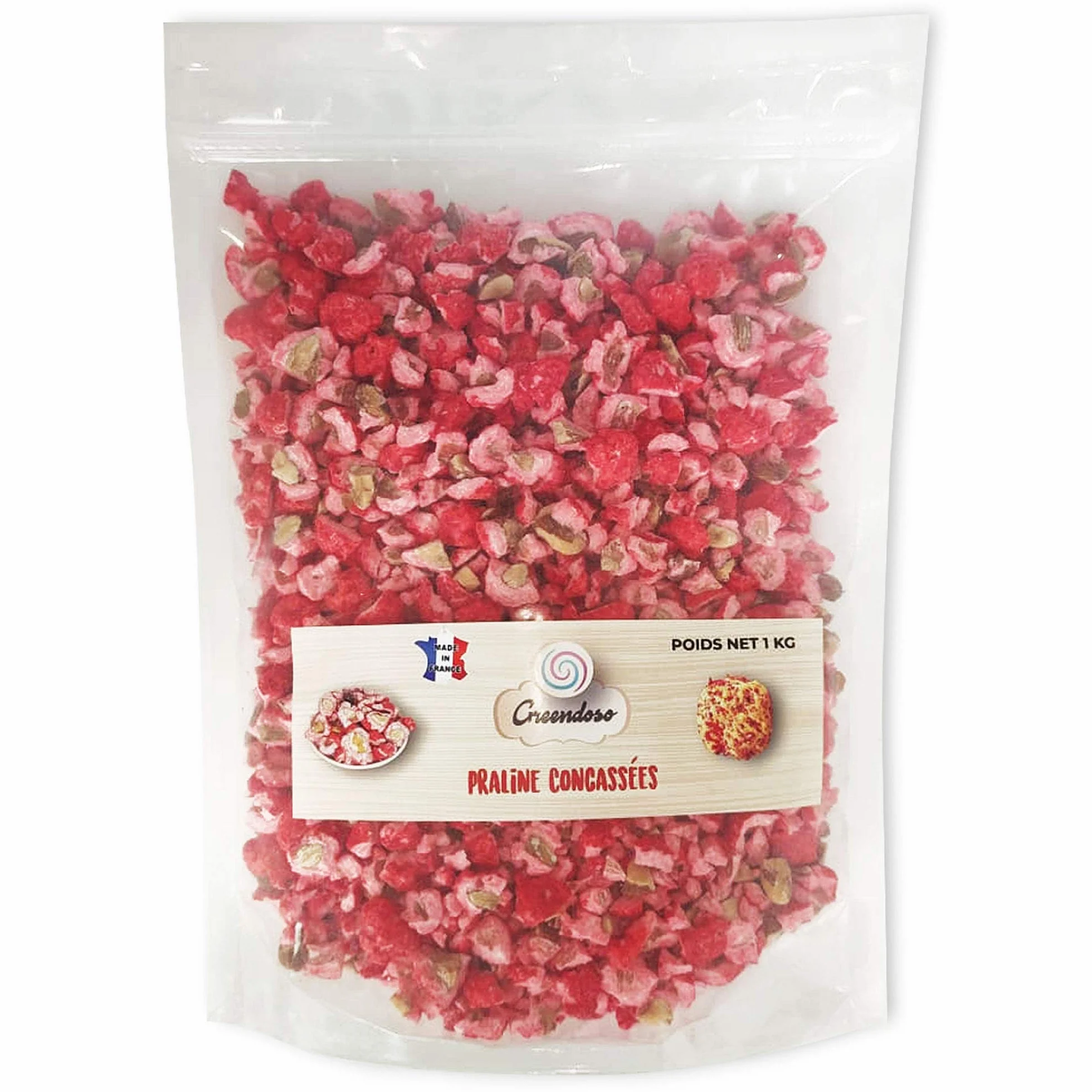 Greendoso - Pralines Roses Amandes Concassées (18%) 1 KG, (Colorant Naturel) Fabrication Artisanale Française