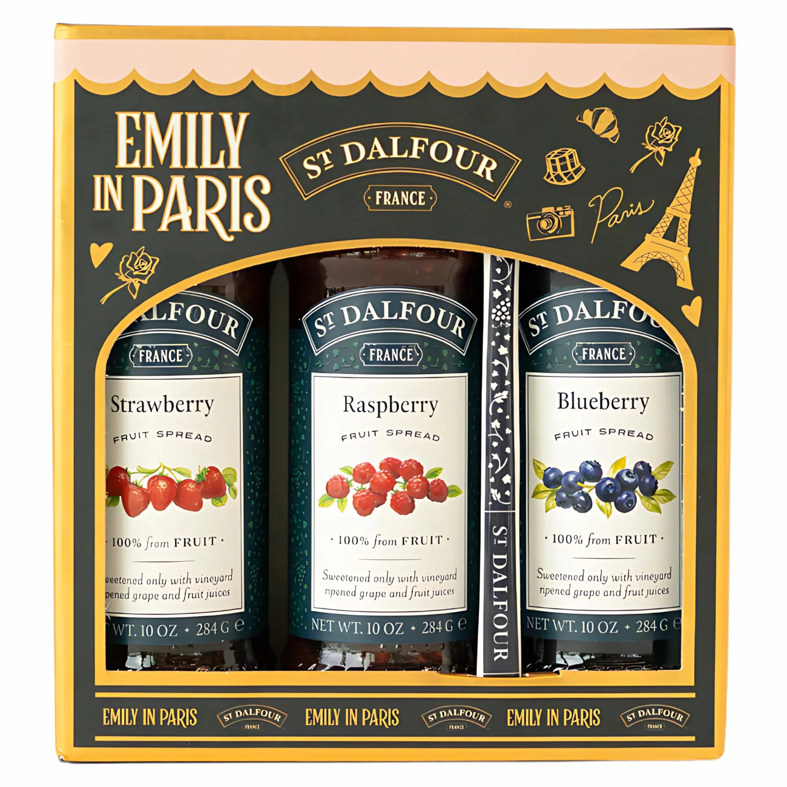 St. Dalfour Coffret Confiture – Édition Emily in Paris – 100% fruits, sans sucre ajouté, sans gluten – 3x284g (Fraise/Framboise/Cerise Noire) avec cuillère (Fraise, Framboise, Myrtille)