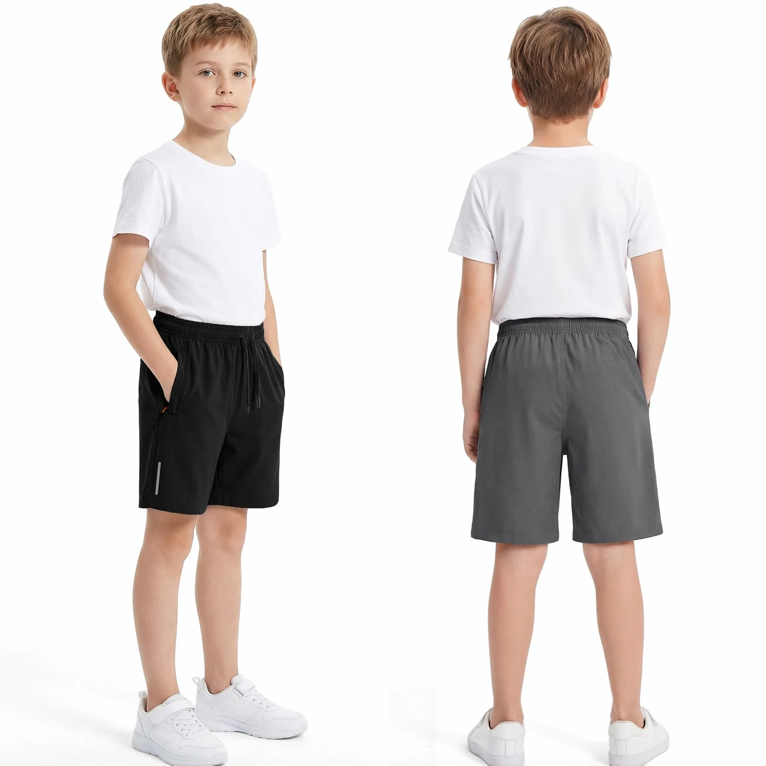 Shorts de Sport Garçons Lot de 2 Séchage Rapide Enfants Bandes Réfléchissantes Poche Zippée Cordon Coulissant Cyclisme 6-13 Ans