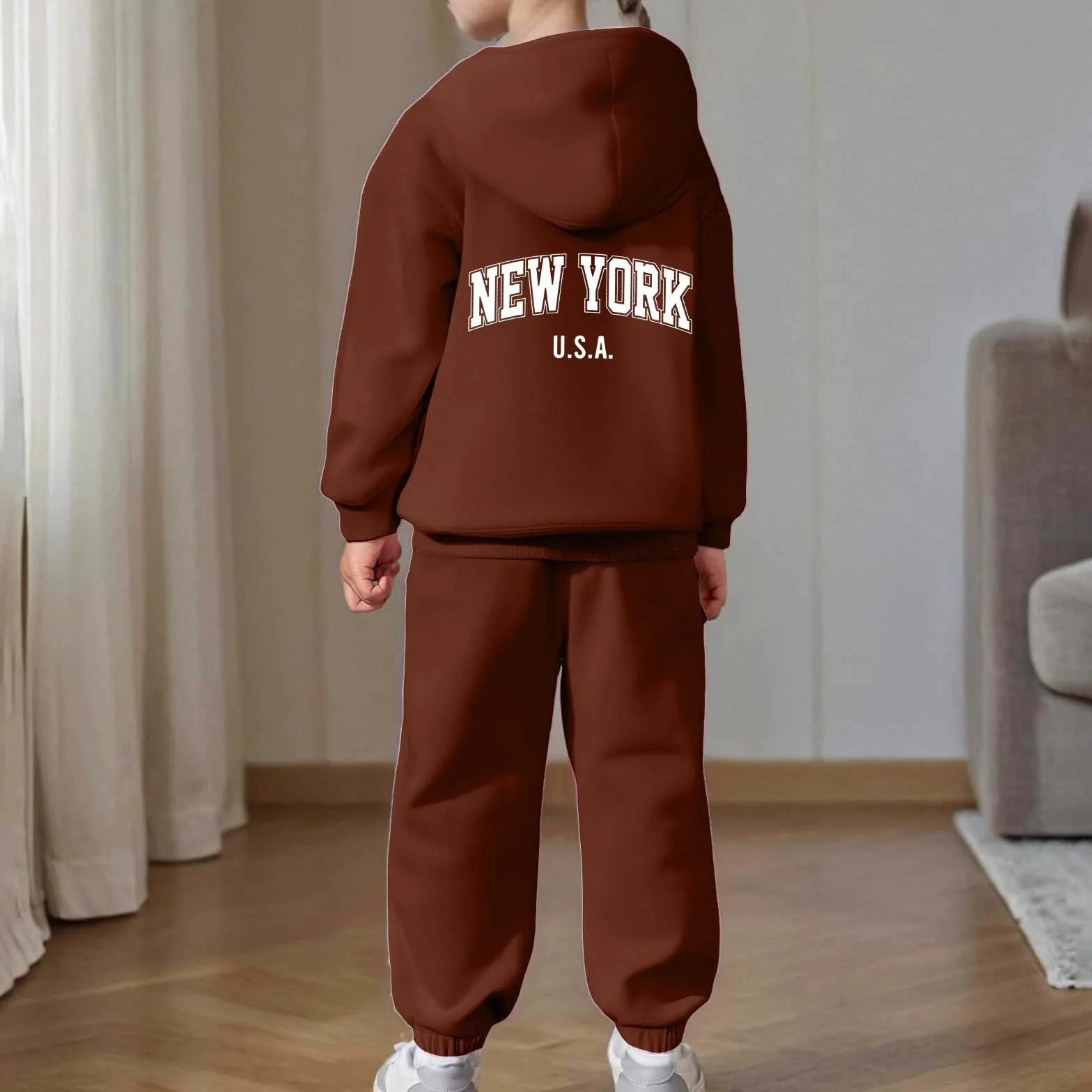 Survêtement enfant 2 pièces Pull manches longues Capuche Pantalon jogging Ensemble chaud Imprimé lettre Café 8-9 ans