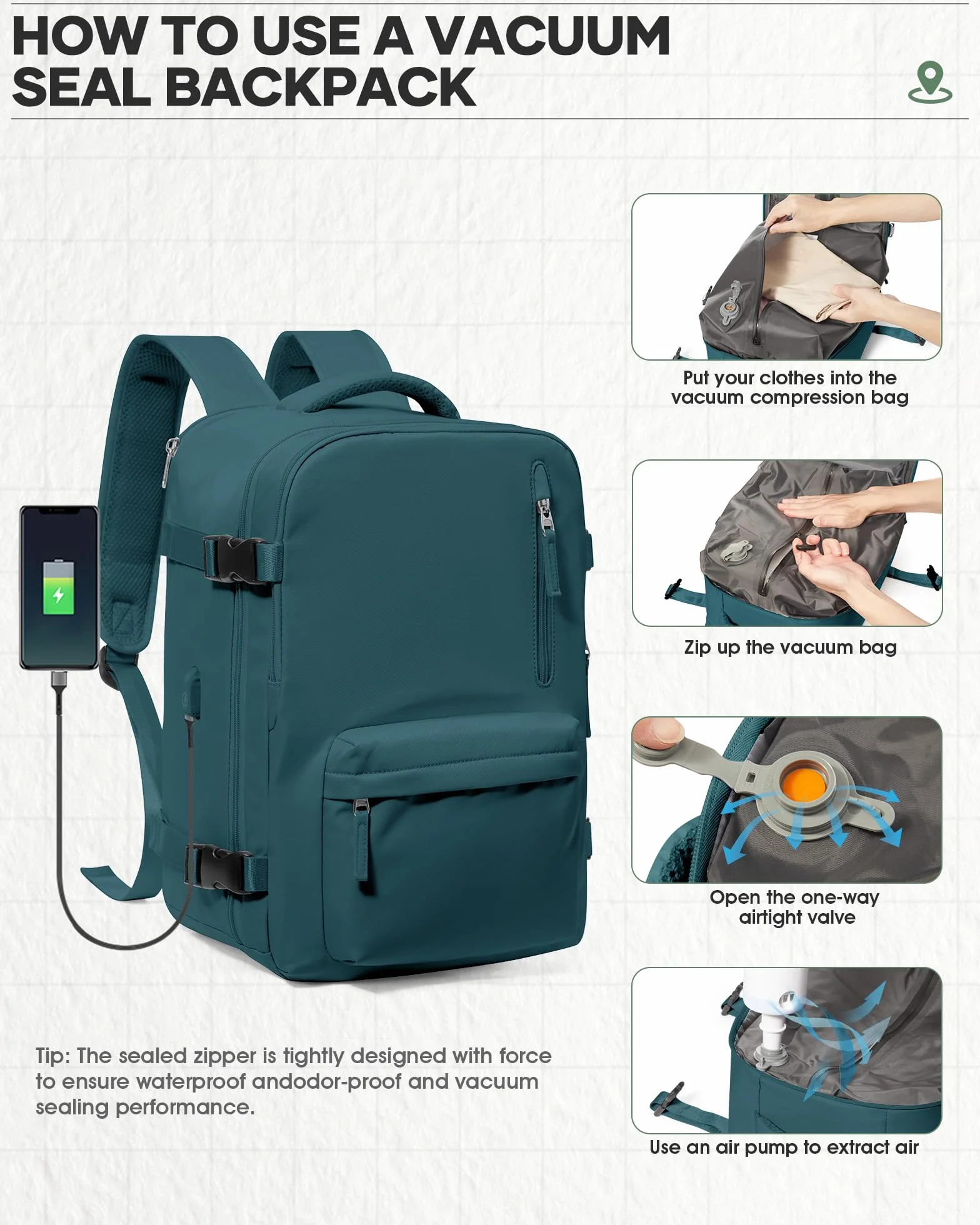 WEFLIER Sac à Dos de Compression Voyage 45×36×20 sous vide Imperméable Bleu