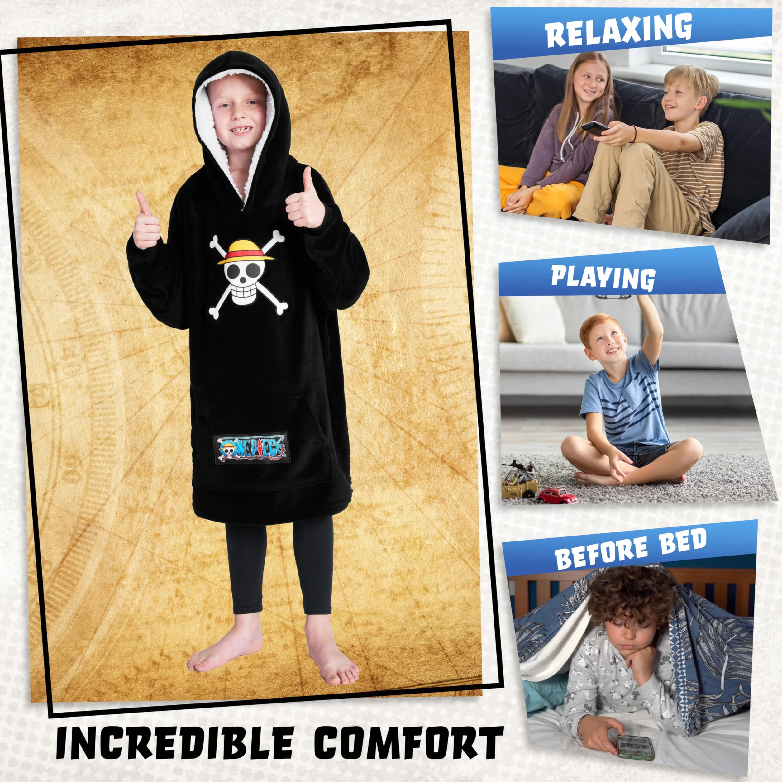 One Piece Pull Plaid Enfant Sweat Oversize Polaire Poncho Cadeau Anime Manga Taille Unique