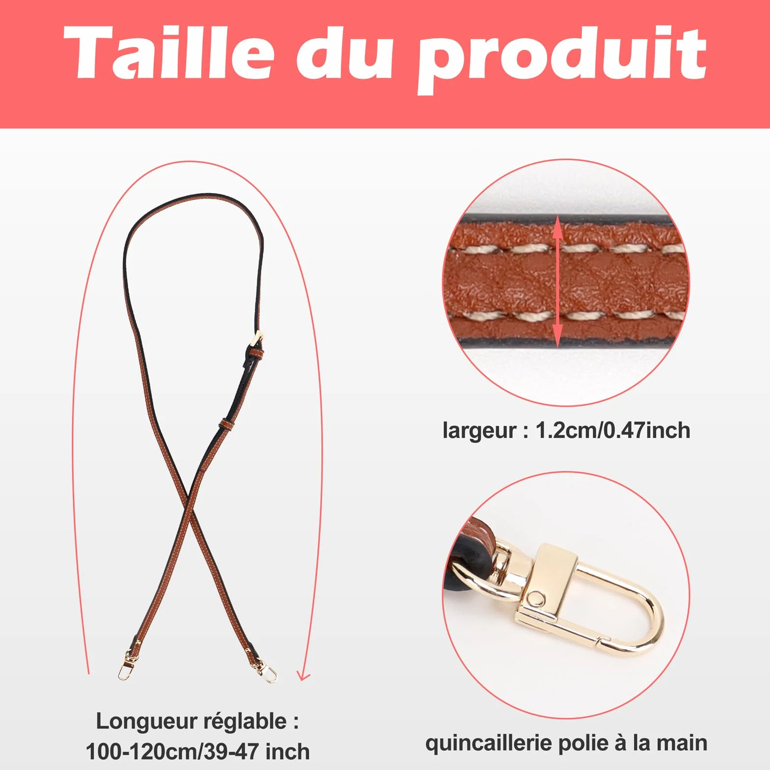 Bandoulière pour Sac Longchamp Mini réglable sans Boucle Marron Universel