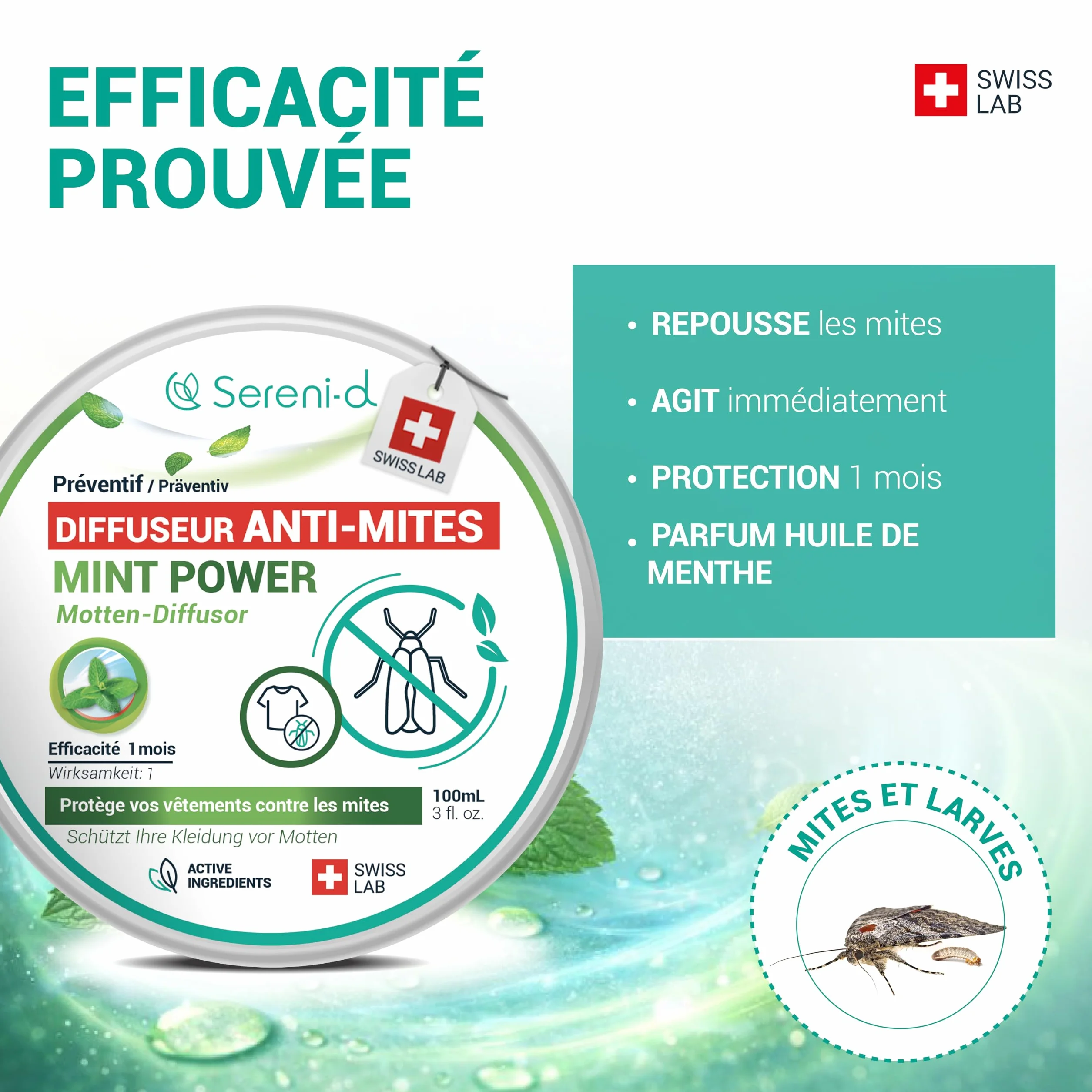 SERENI-D Diffuseur ANTI-MITES Textiles MINTPOWER - Protection répulsive des Vêtements, Lainages et Fourrures - Parfum Menthe - Action immédiate et protège les placards des nouvelles infestations