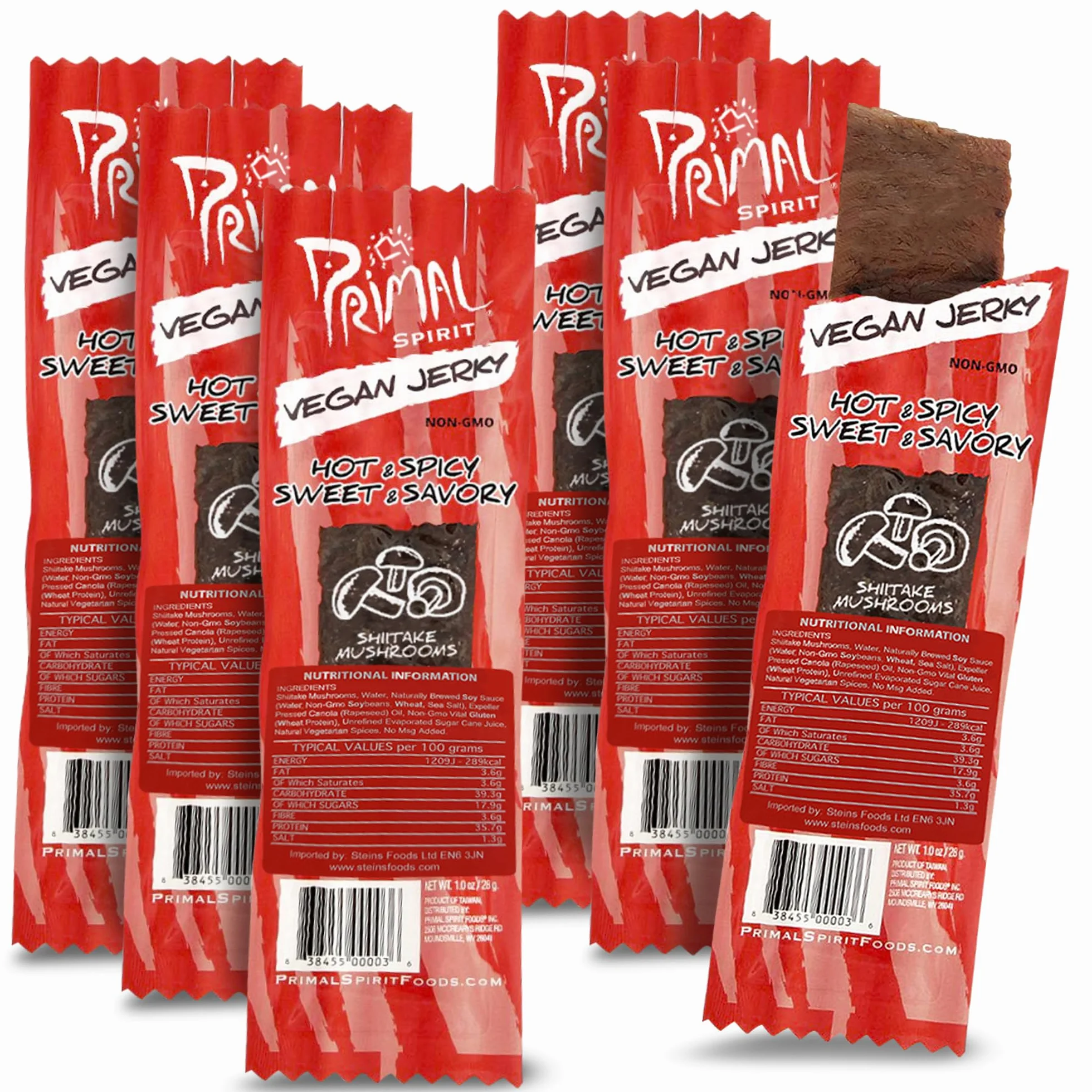 Primal Spirit, Vegan Meatless Jerky Strips - High Energy, High Protein, Non-GMO, 93% Fat-Free Snacks, Vegan Jerky - 28g, Pack of 6 Hot & Spicy Flavour