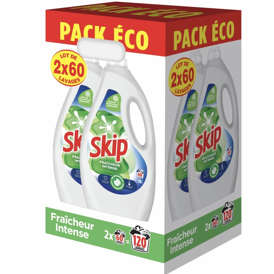 Skip - Lessive Liquide Fraicheur Intense - Action Détachante Efficace - 100% impeccable, éclatant et délicatement parfumé - 2x60 Lavages
