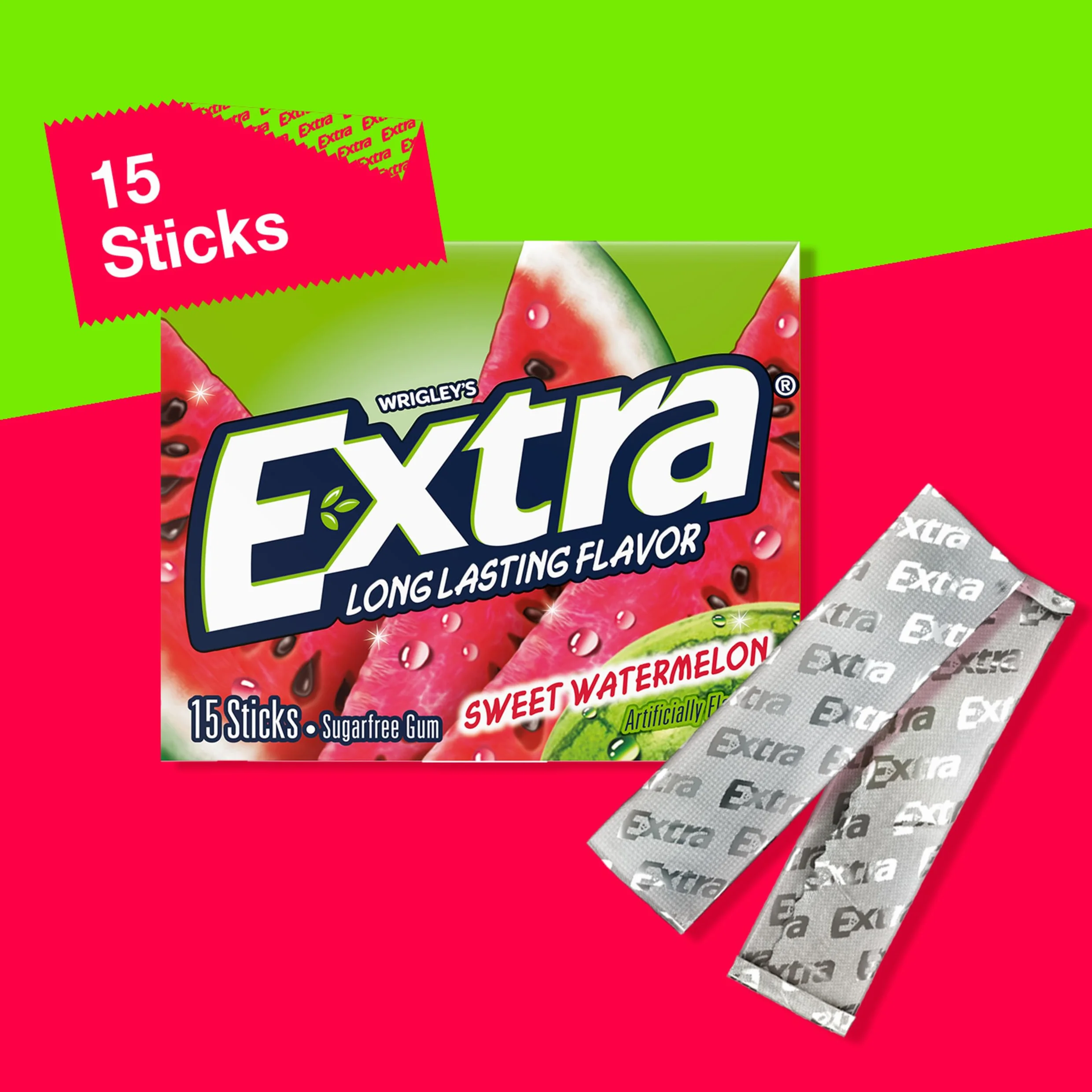 Extra Sugar Free Gum Sweet Watermelon 15 Stick Slim Pack Pack of 10