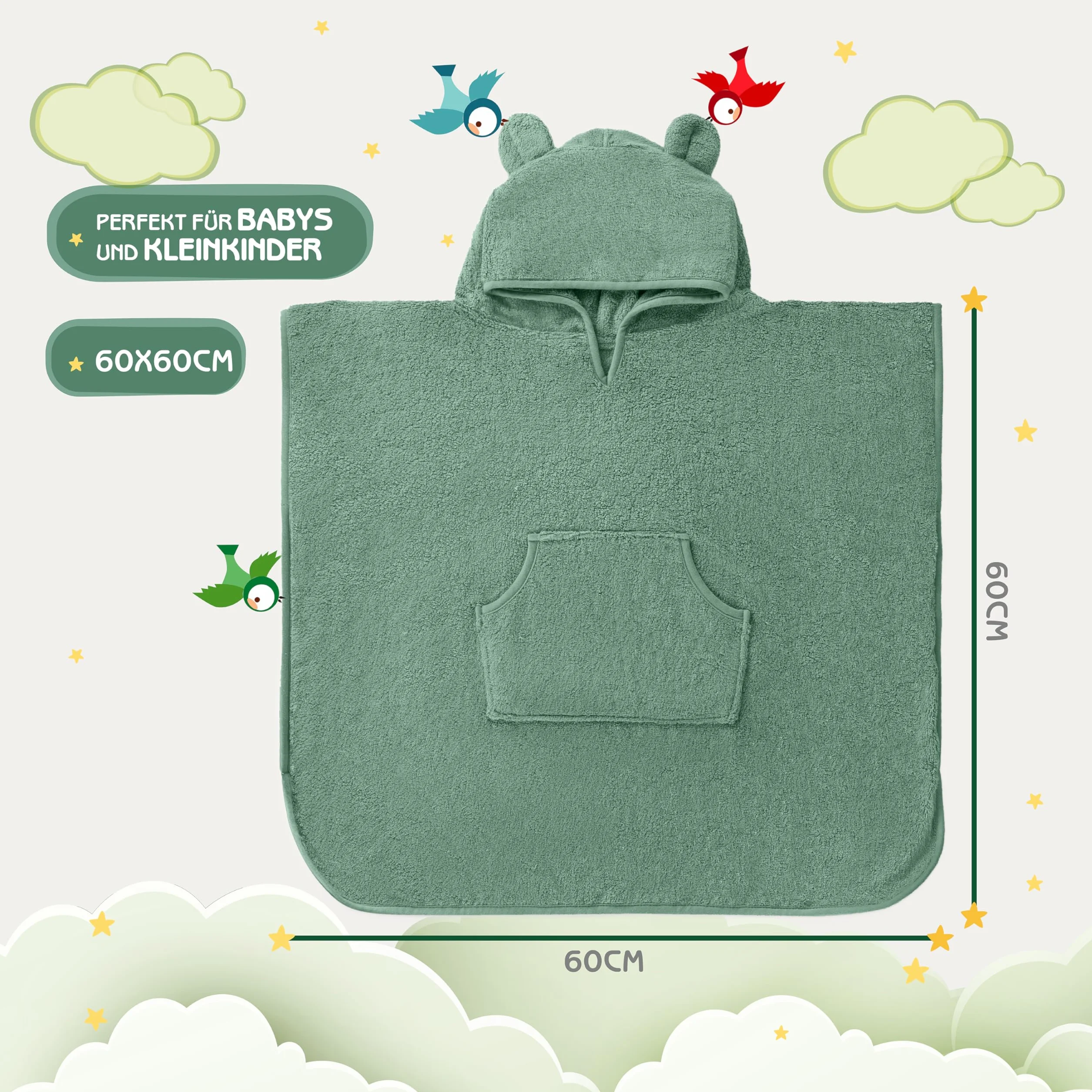Poncho de bain pour enfants Fuchs&Panda 100% bambou extra chaud et doux Rame-Vert