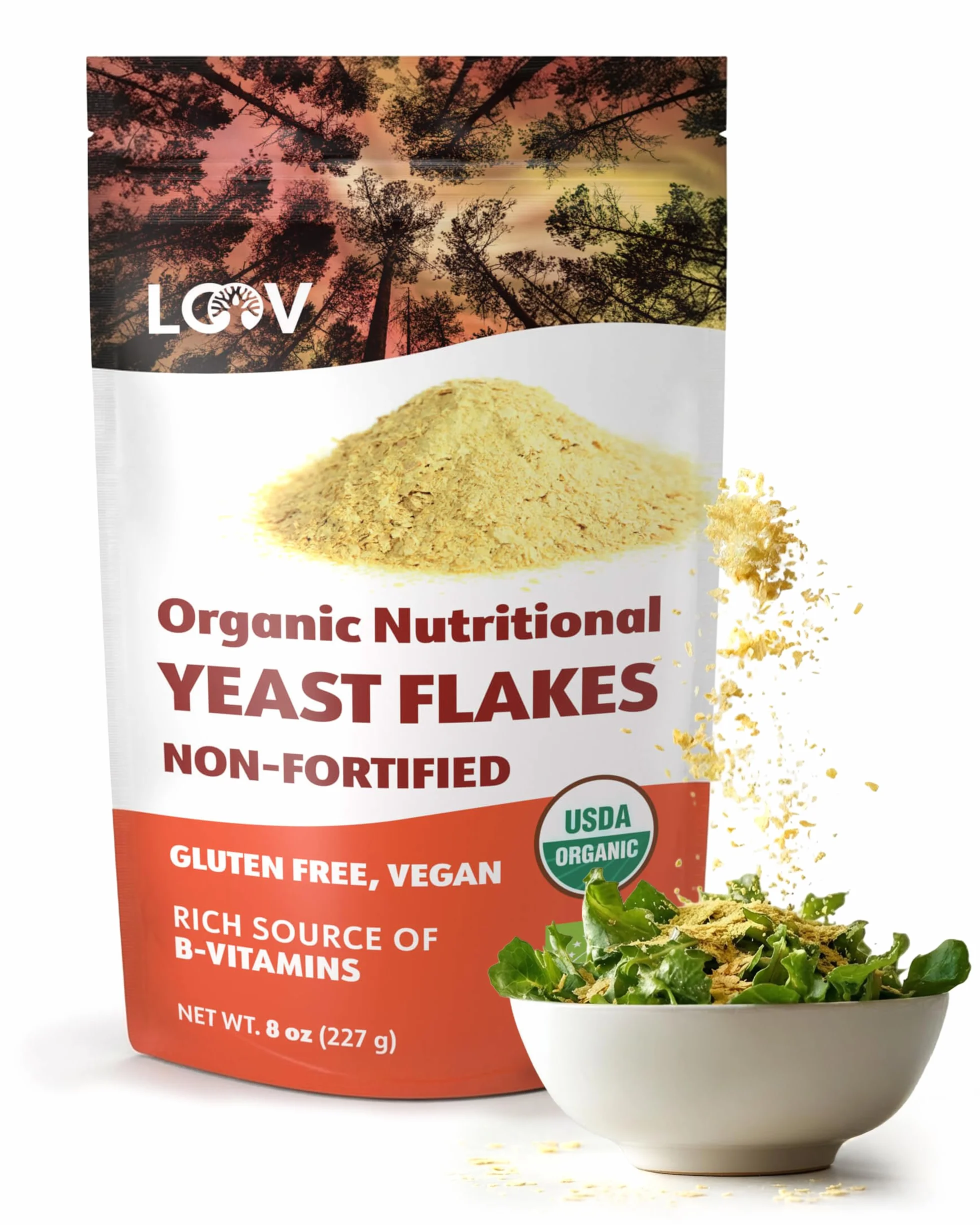 Flocons de levures alimentaires bio non-fortifiées de LOOV, Grillés, Végétaliens, sans OGM, sans gluten, bonne source de vitamines B, 227 g, sans vitamine ajoutée, sans sucre ajouté, sac refermable