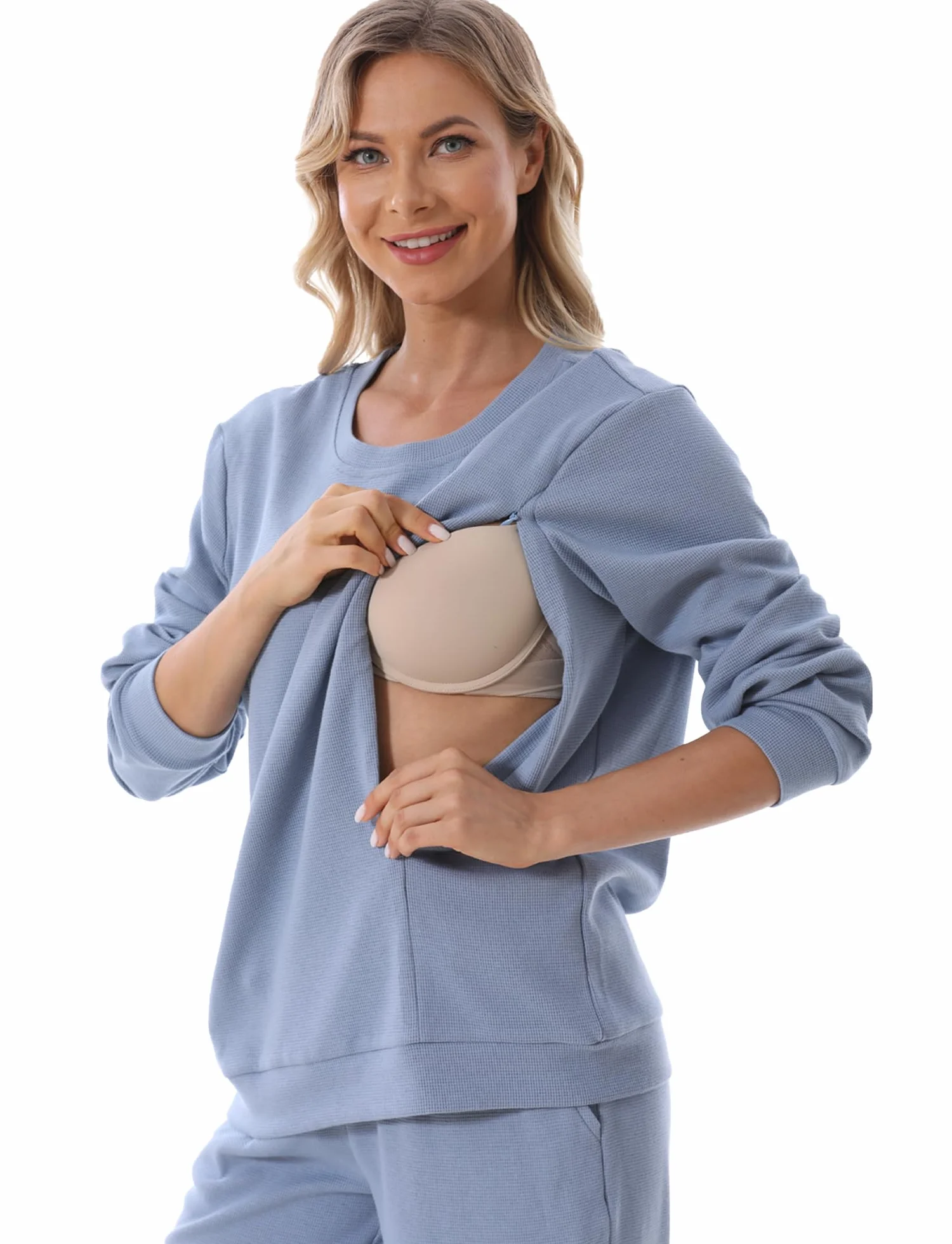 FEOYA Hauts à Manches Longues pour Femmes Enceintes Sweat-Shirts de Maternité Col Rond Doux Chaud Pull d'Allaitement Automne Hiver