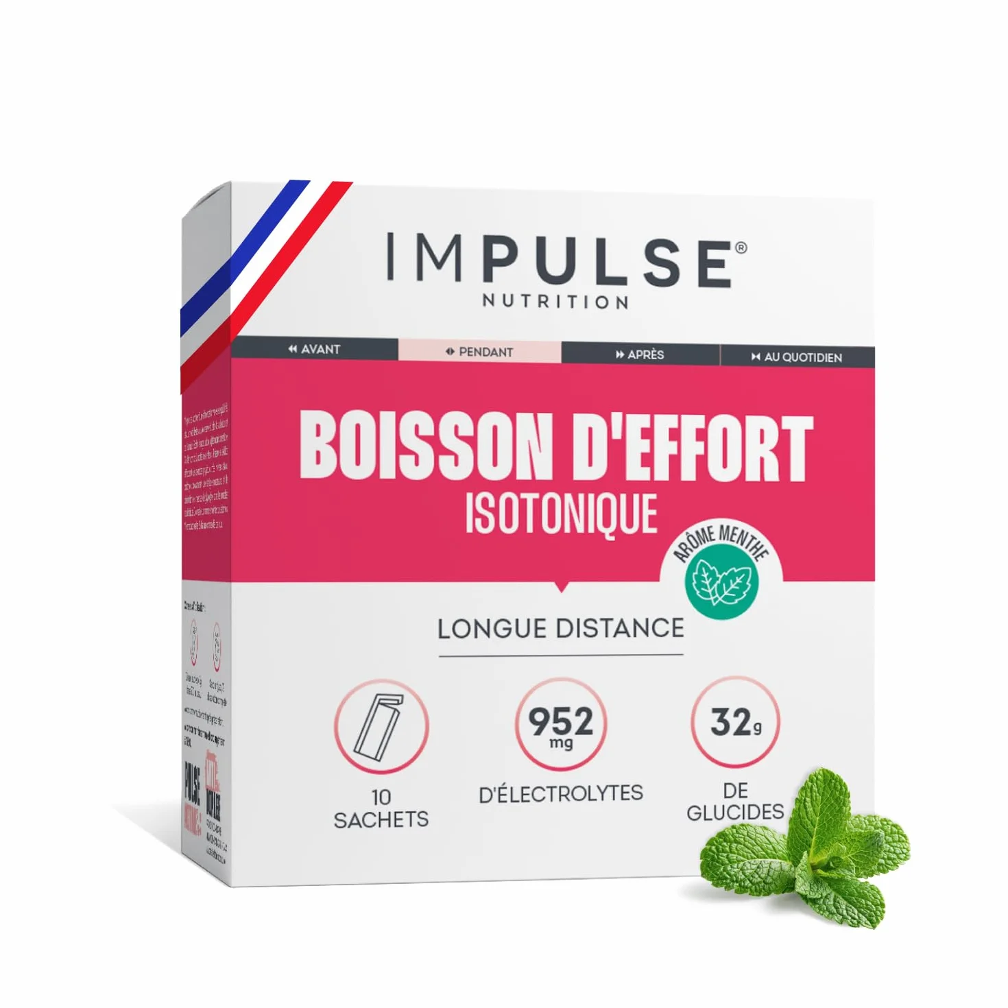 Impulse Nutrition - Boisson isotonique d’effort Saveur Menthe avec 3 glucides, électrolytes, BCAA - Énergie, Hydratation, Récupération - Pour les Longues distances - 10 sachets - Fabriqué en France