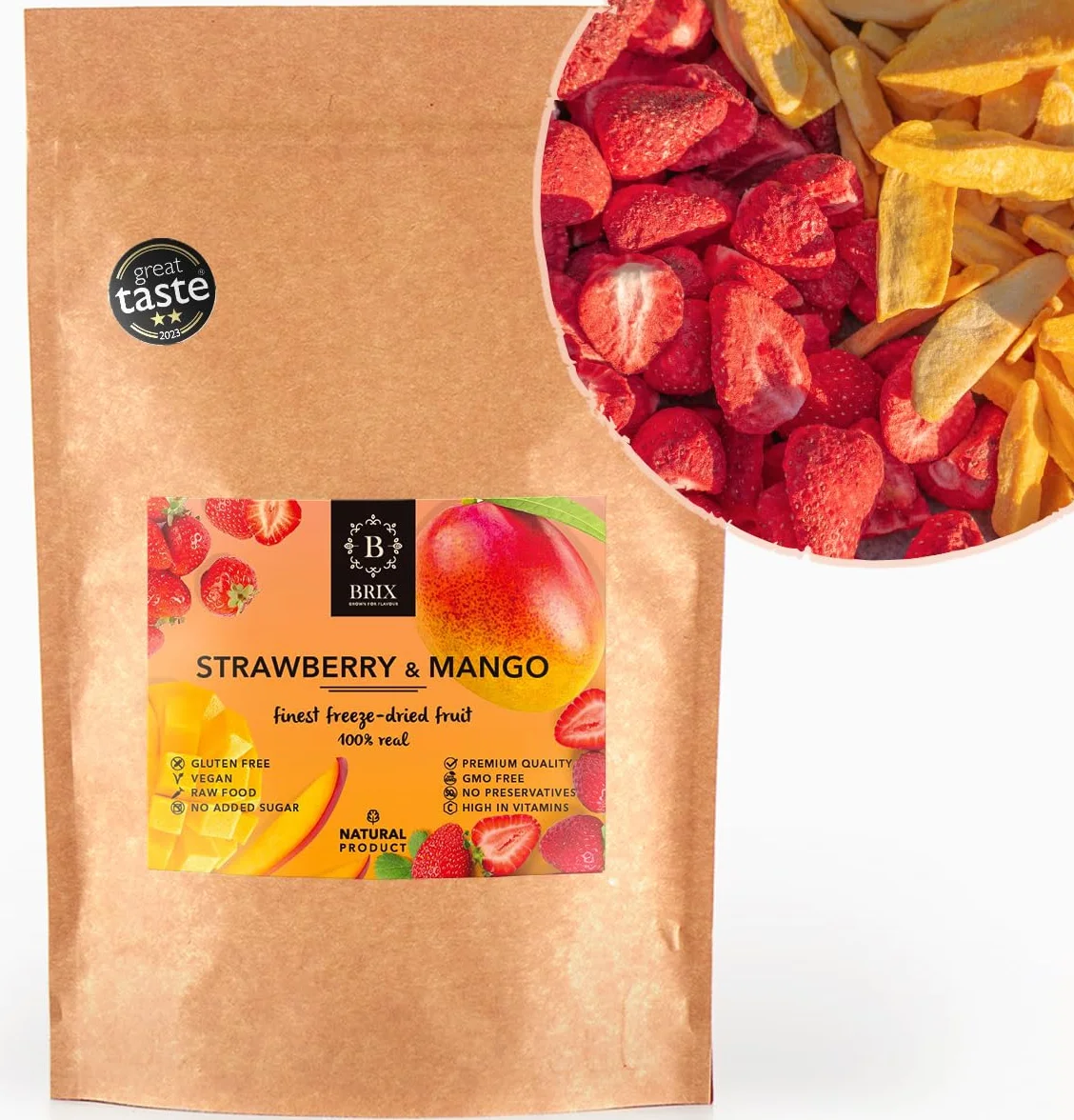 BRIX Fraises et Mangues Lyophilisé | 100% Naturelles | 110 g | Fruits Secs Lyophilisés Great Taste Award | Sans OGM Sans Gluten | Vegan Vitamines Préservées