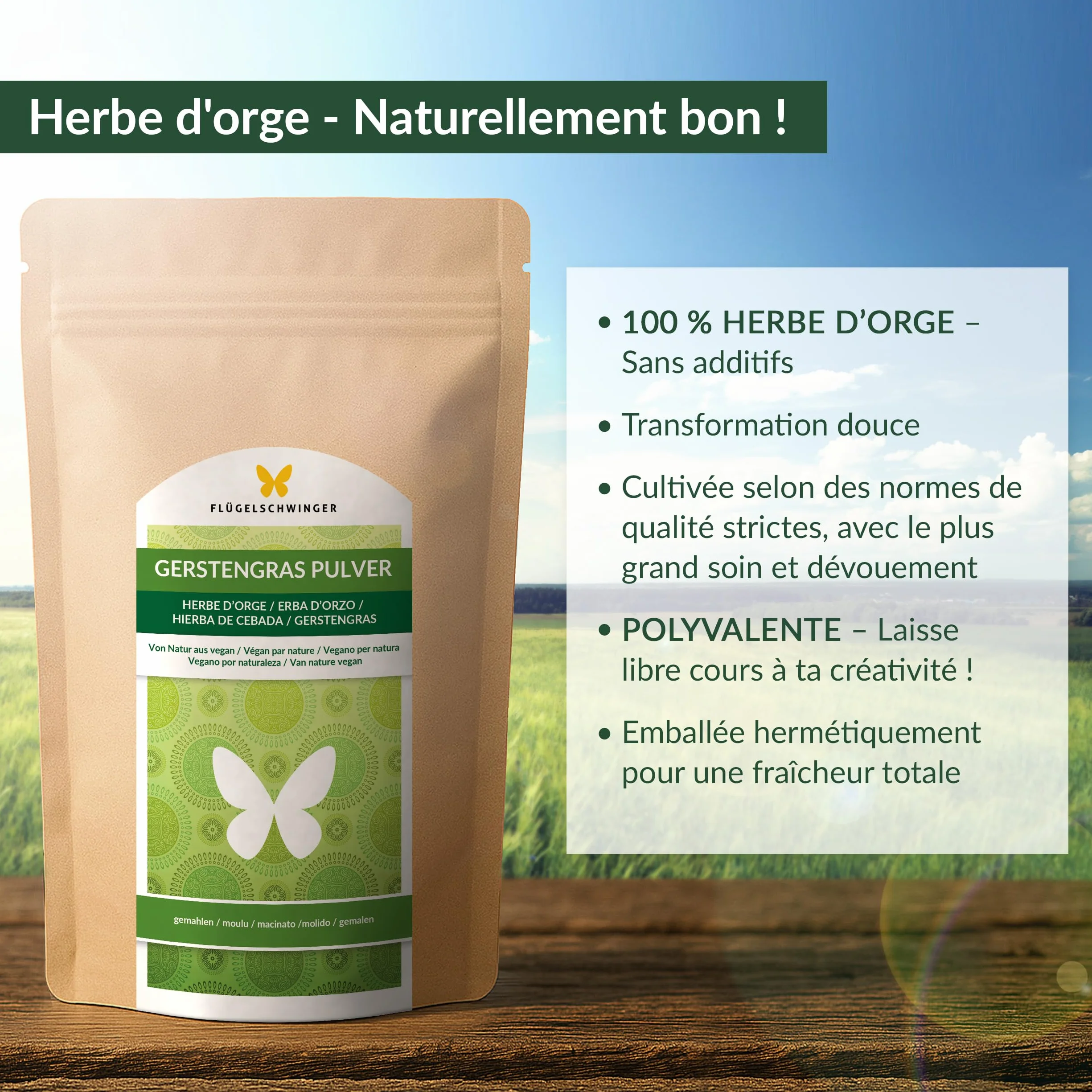 1kg de poudre d'herbe d'orge issue de jeunes herbes, sans additifs, qualité crue, traitement doux à basse température (1000g)