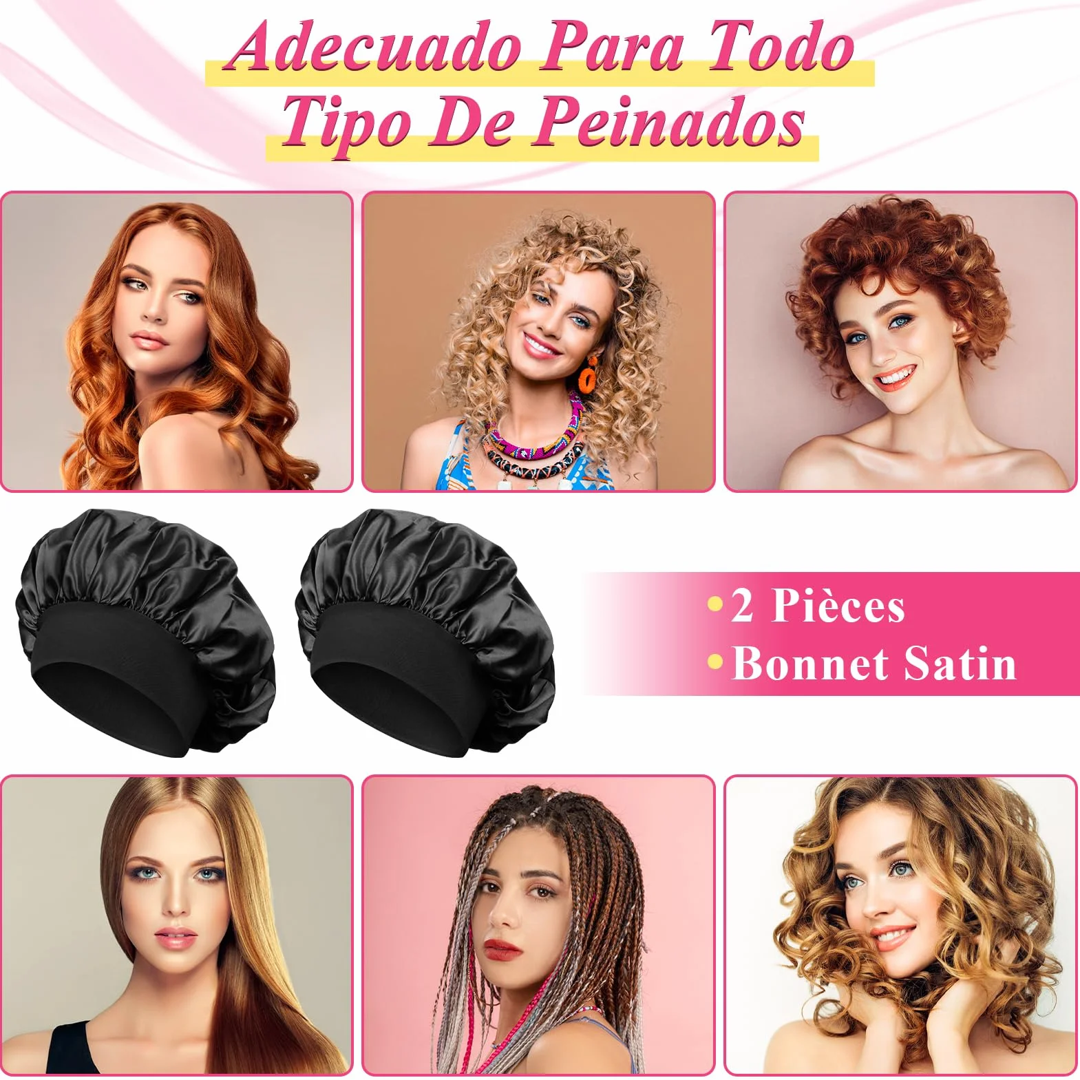 Bonnet Satin Cheveux Nuit 2 Pièces pour Femmes