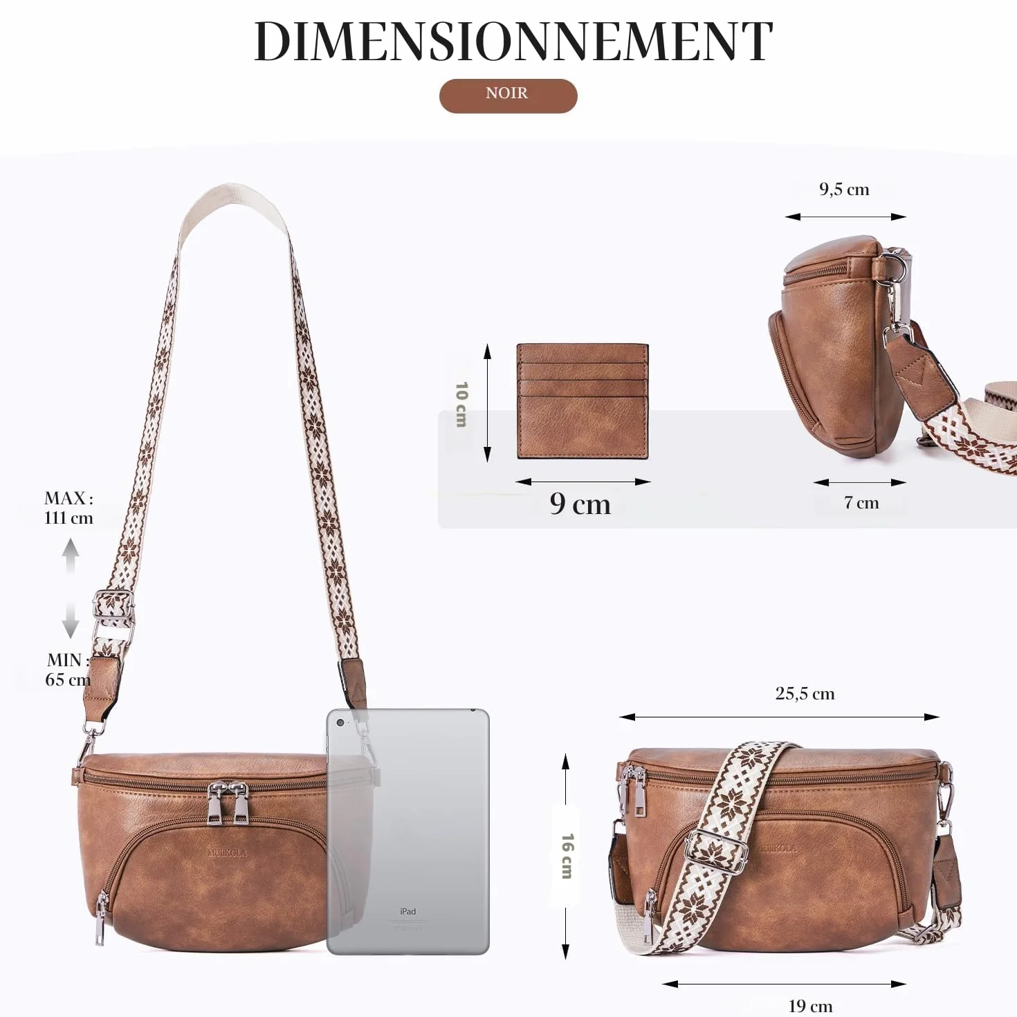 Sac à bandoulière femme cuir végétalien RFID poche poitrine sangle réglable