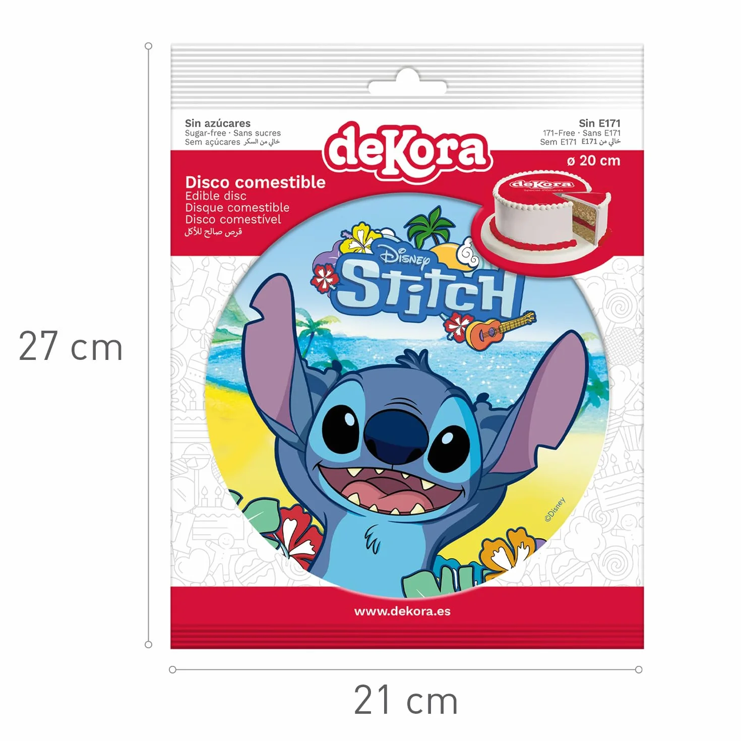 dekora - Décoration pour Gâteaux d’Anniversaire - Cake Topper Stitch 20 cm - Disque en Papier Comestible pour Gâteau - Sans Gluten, Sans Sucres Ajoutés, Sans Lactose - Convient aux Végétariens