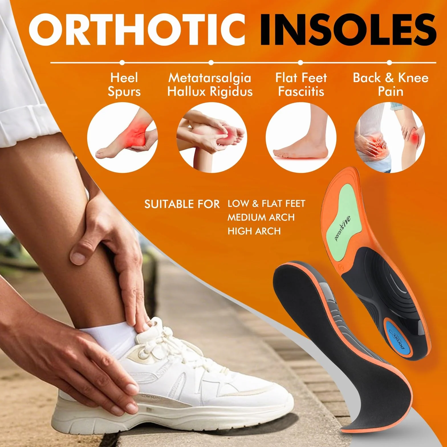 Semelles orthopédiques pour fasciite plantaire, soutien voûte plantaire, éperon calcanéen, pieds plats