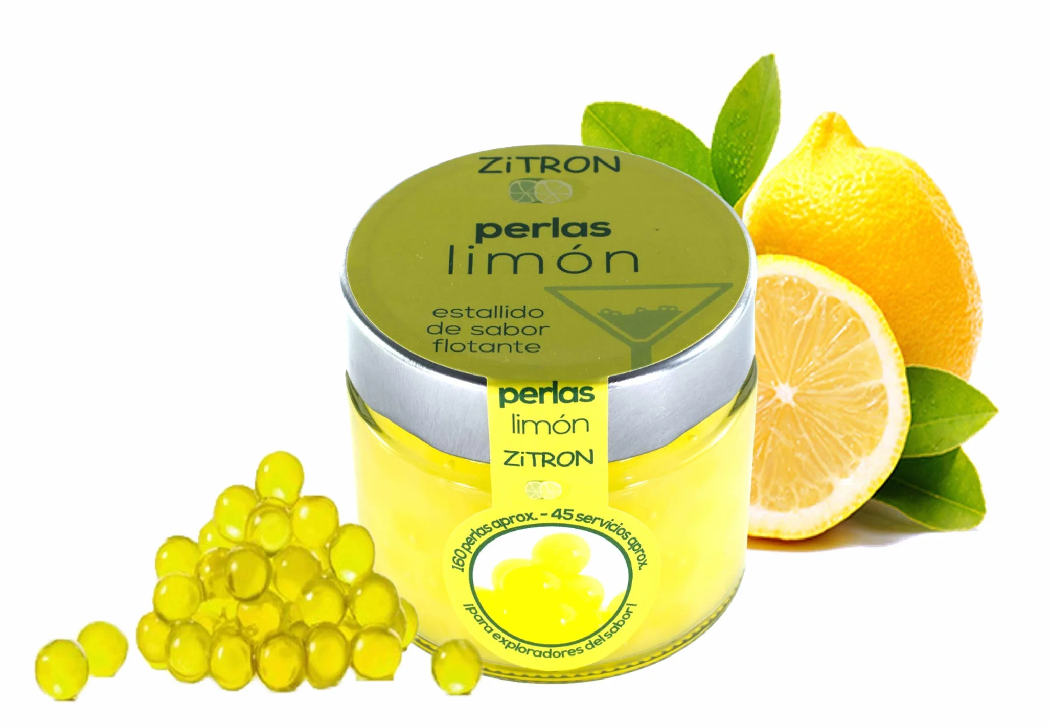 Perles de cocktail au citron. Concentré de fruits en perles pour cocktail / décoration / tapas / salades / Noël / boissons. Sphères de zitron de haute qualité. Bocal de 180gr, 160-180 sphères.