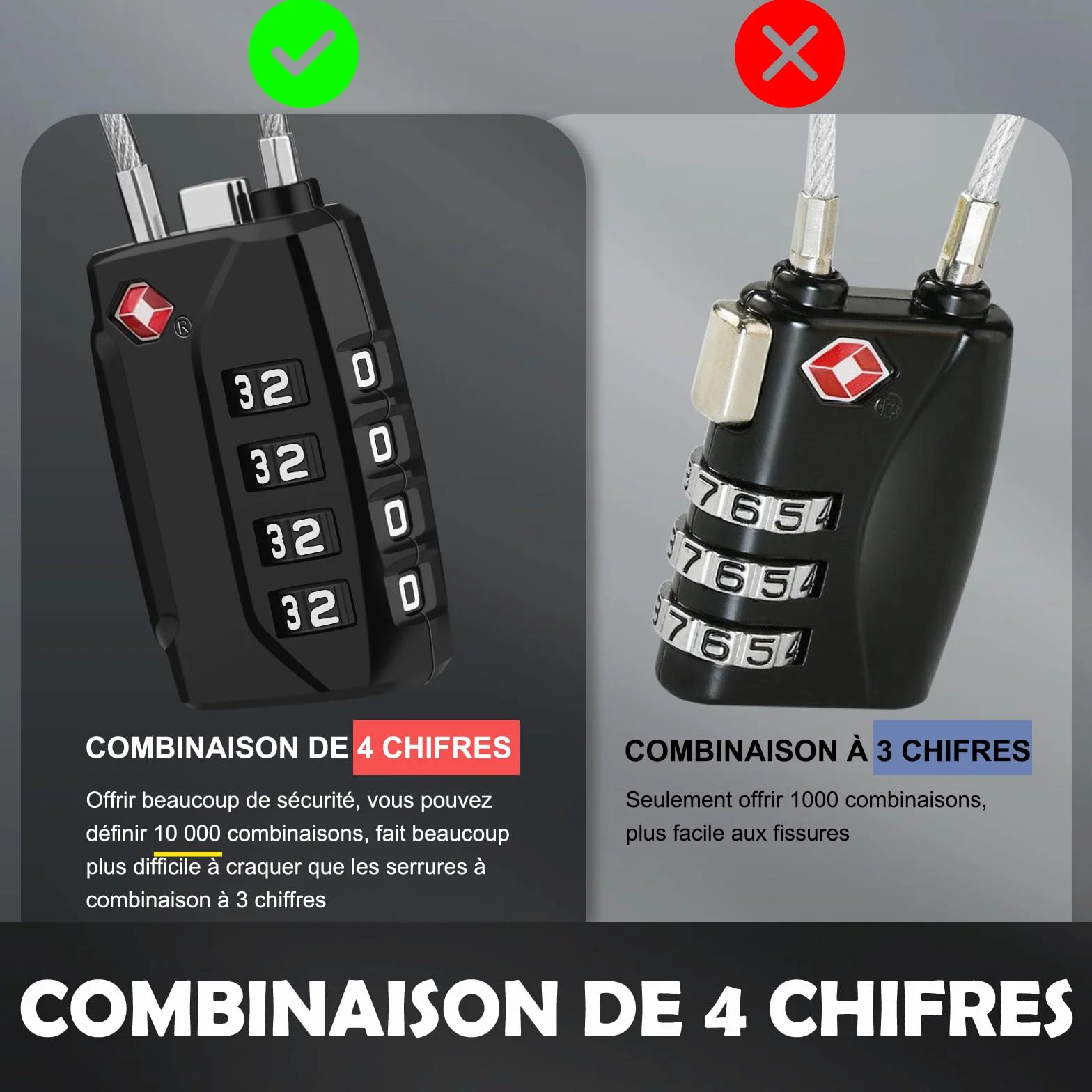 Serrure à Bagages TSA Lot de 2 Cadenas à Code 4 Chiffres Valise Combinaison Noir