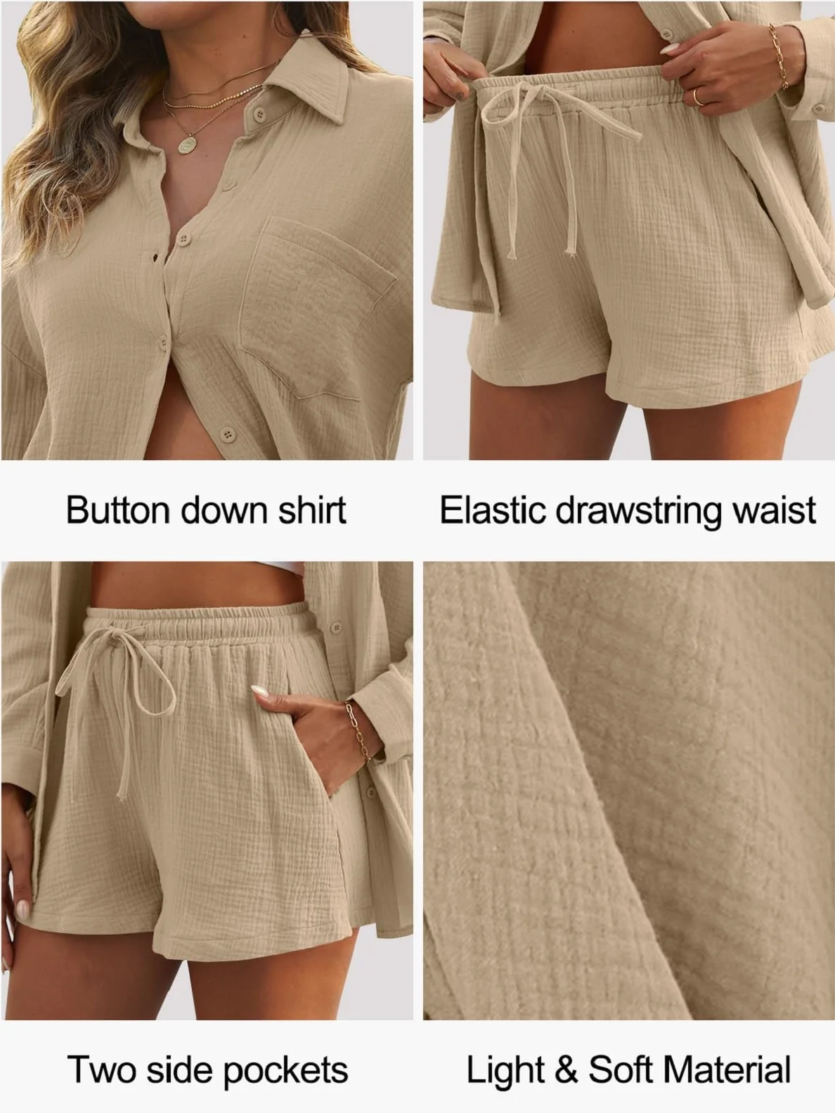 Ensemble 2 Pièces Femme Chemise à Manches Longues et Short en Coton et Lin Survêtement