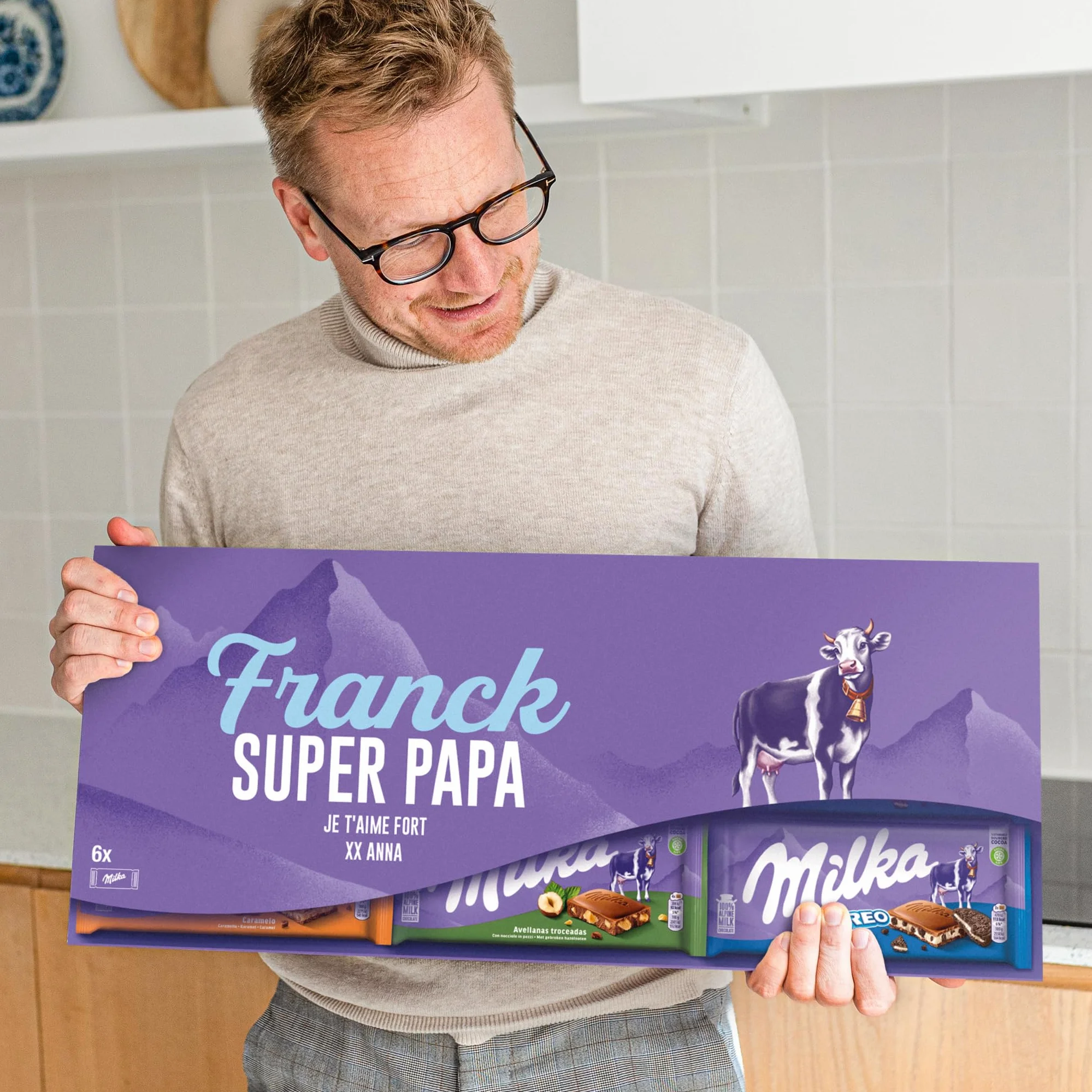 Milka Méga Tablette de Chocolat Personnalisée - Cadeau fete des peres personnalisé avec Nom et Message (6 Tablettes)
