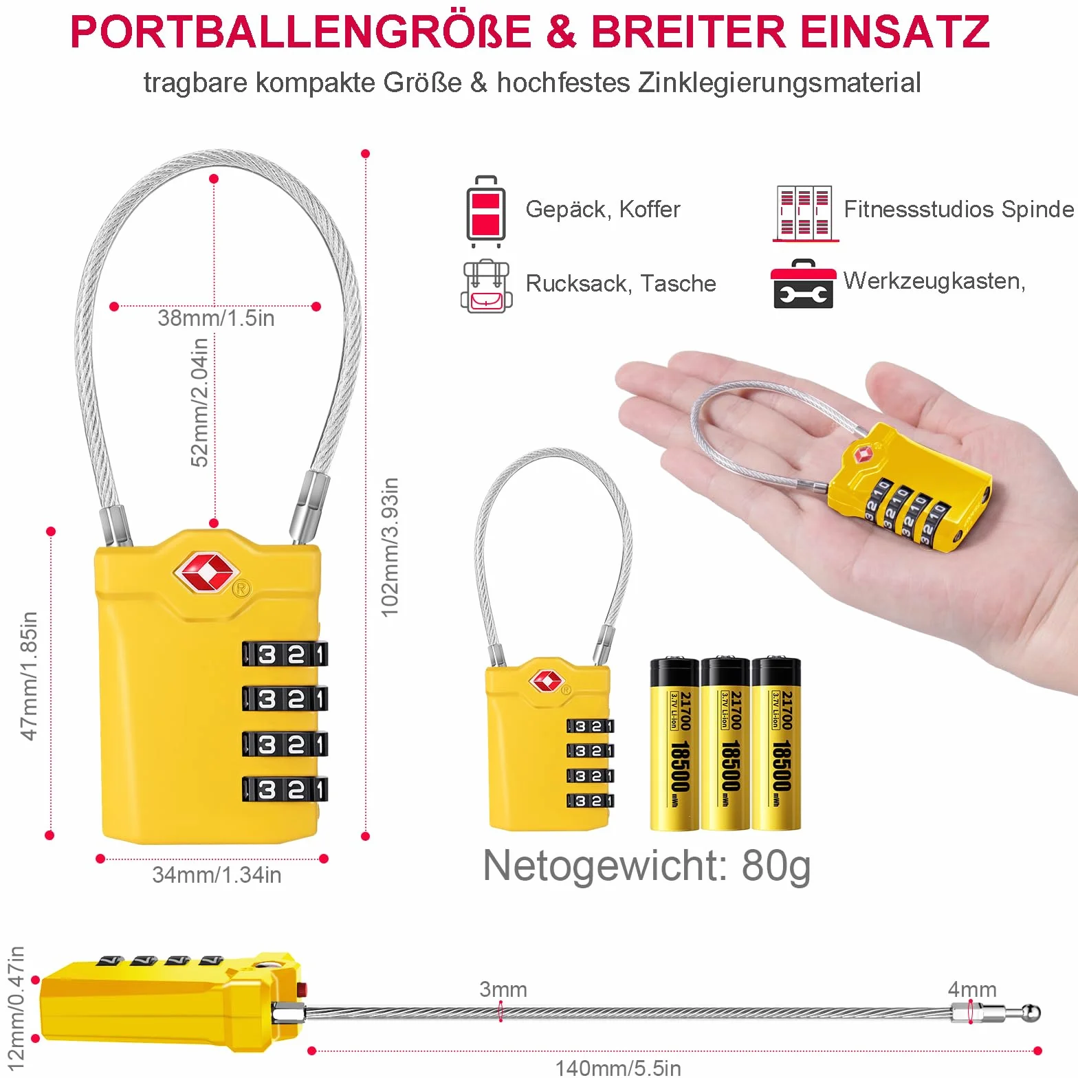 Cadenas Valise TSA 4 Chiffres avec Alarme d'ouverture, Serrures à Bagages avec Câble Flexible (2 Pièce, Jaune)