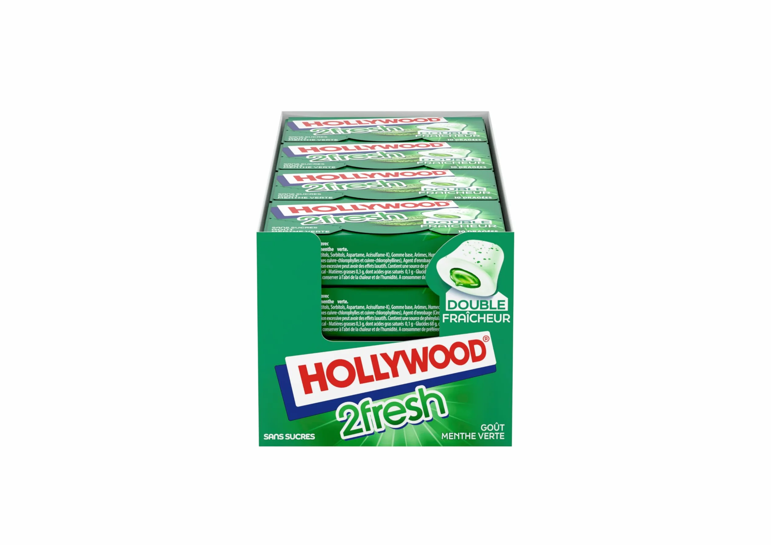 HOLLYWOOD Chewing-Gums 2Fresh Parfum Menthe Verte Chlorophylle Sans Sucres 16 Paquets De 10 Dragées